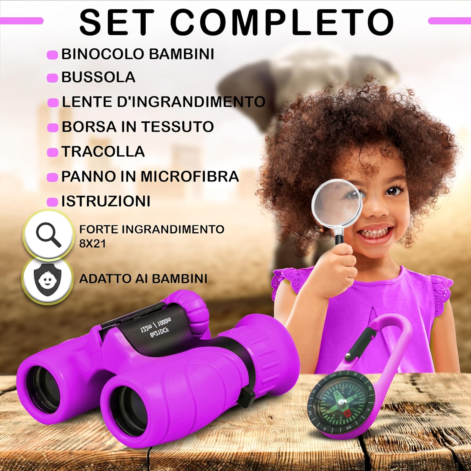 Detalle 2 de Binocolo Bambini 8x21 con Set Esploratore: Avventure per bimbi tra 3 e 12 anni