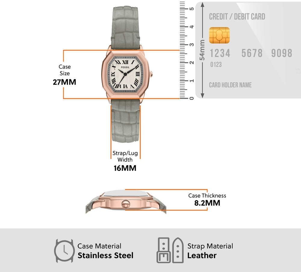 Thumbnail 6 de Fossil Harlow Damenuhr – Roségold, Quadrat-Design, Quarz-Dreizeigerwerk, graues Lederarmband