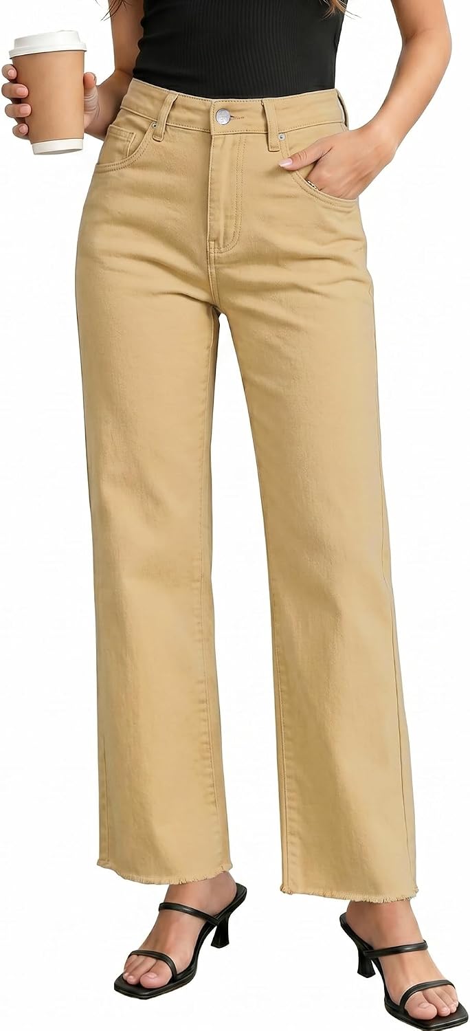 Thumbnail 6 de GRAPENT Women's High-Waisted Straight Leg Jeans with Frayed Hem