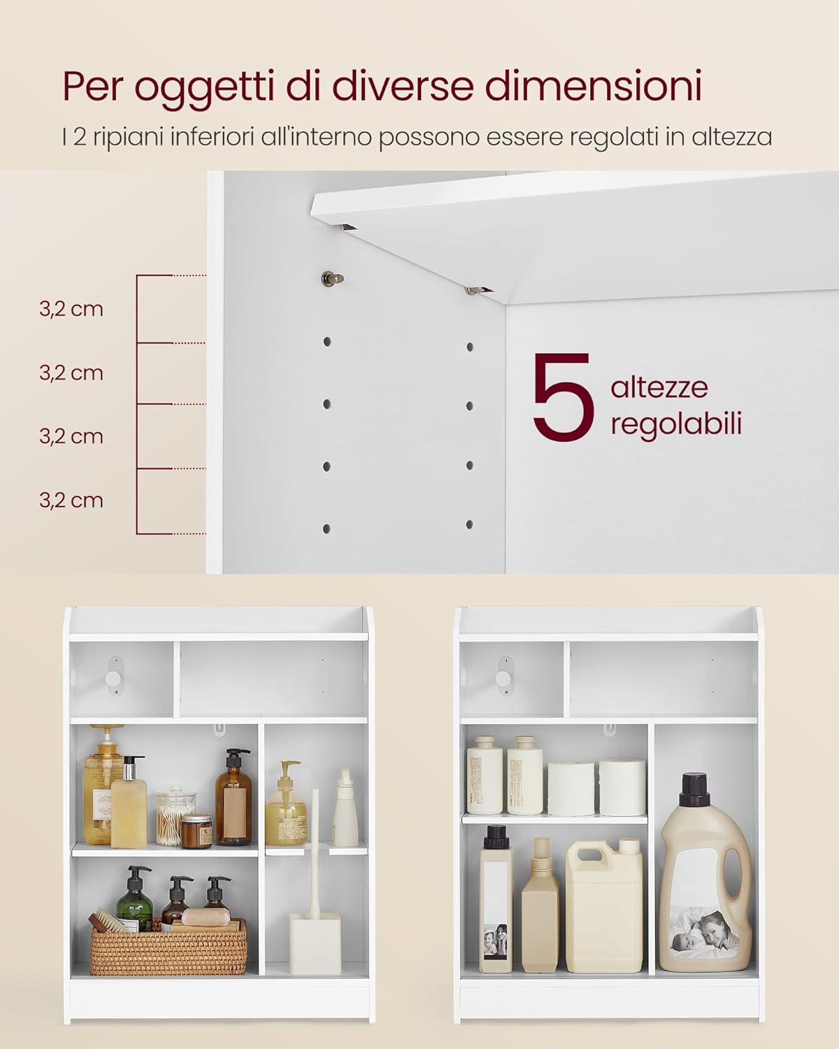 Thumbnail 5 de VASAGLE Mobile Bagno salvaspazio con ante scorrevoli, portarotolo e scomparto per scopino BBC752W01