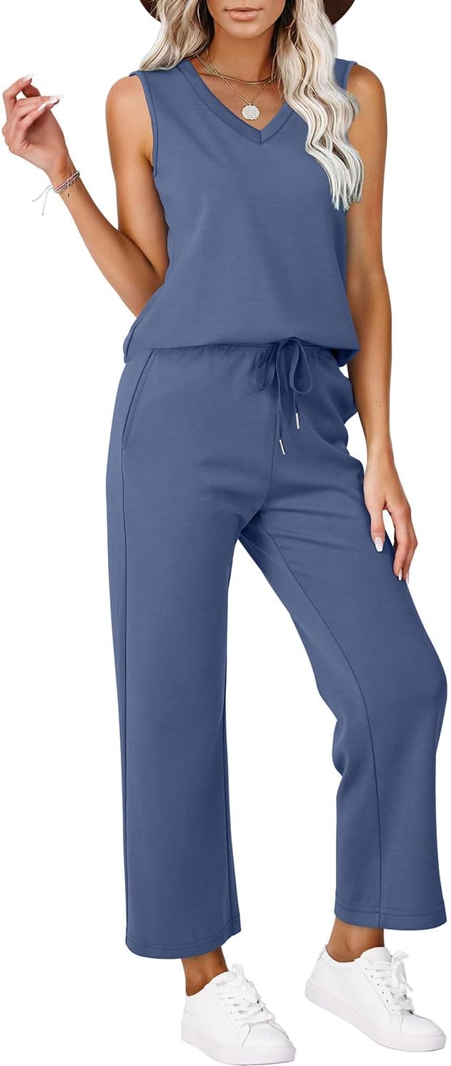 Detalle 2 de WIHOLL Two Piece Set for Women: Summer Lounge Set with V Neck Top and Wide-Leg Cropped Pants