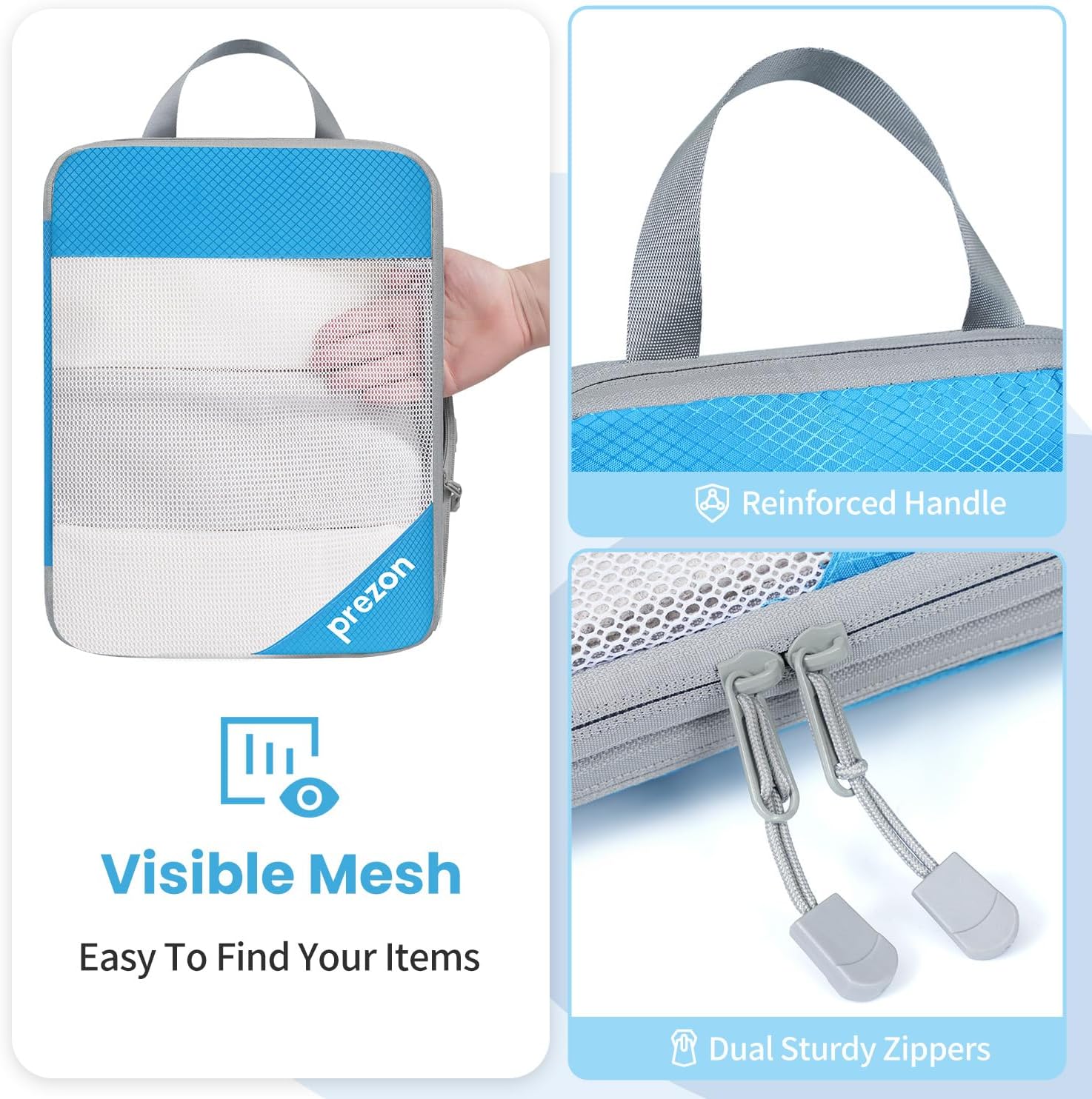 Detalle 2 de Prezon Versatile 6-Set Compression Hollow Packing Cubes (maille transparente, bleu) pour gagner de la place dans vos bagages