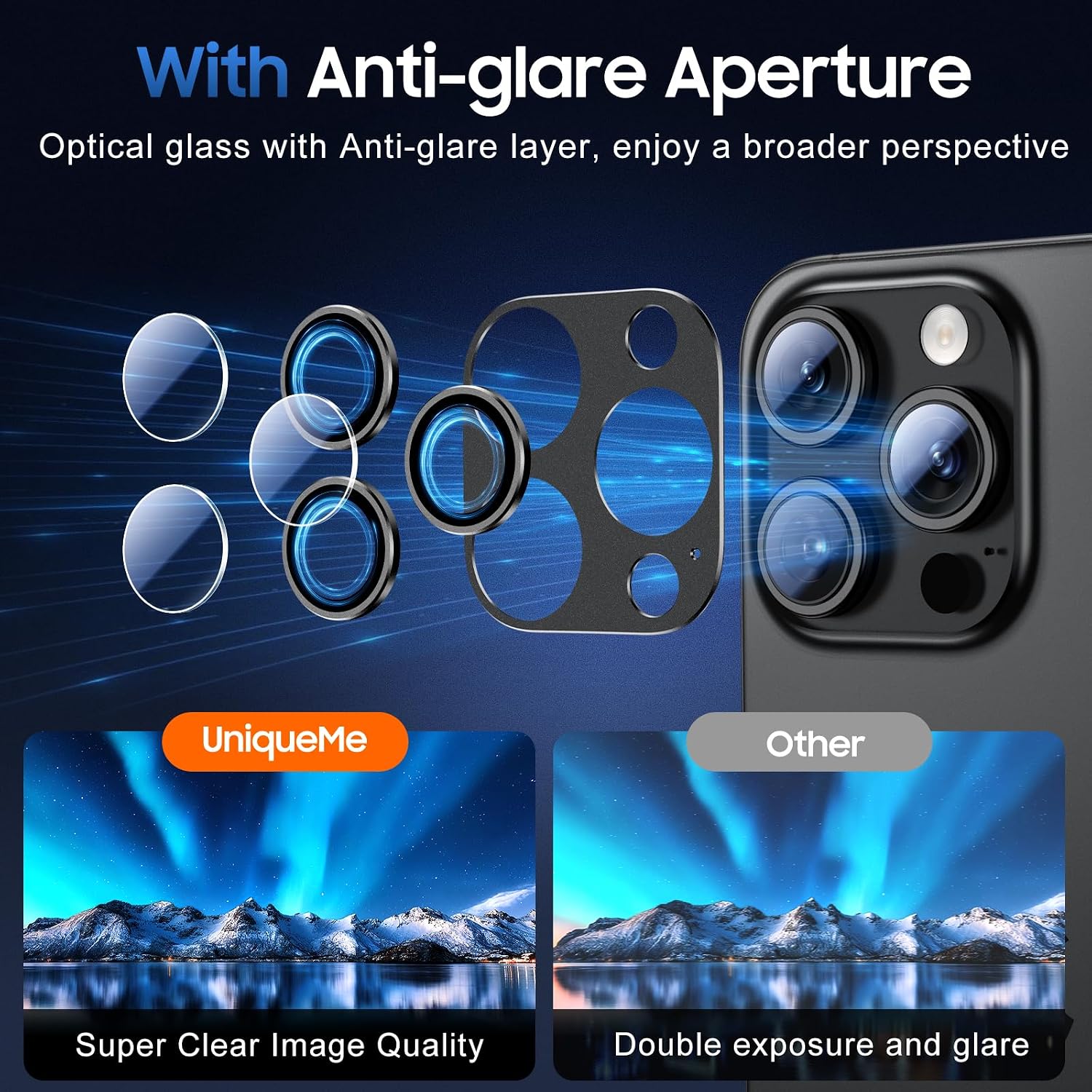 Detalle 2 de UniqueMe iPhone 15 Pro/15 Pro Max Camera Lens Protector, 3-Pack, All-Black
