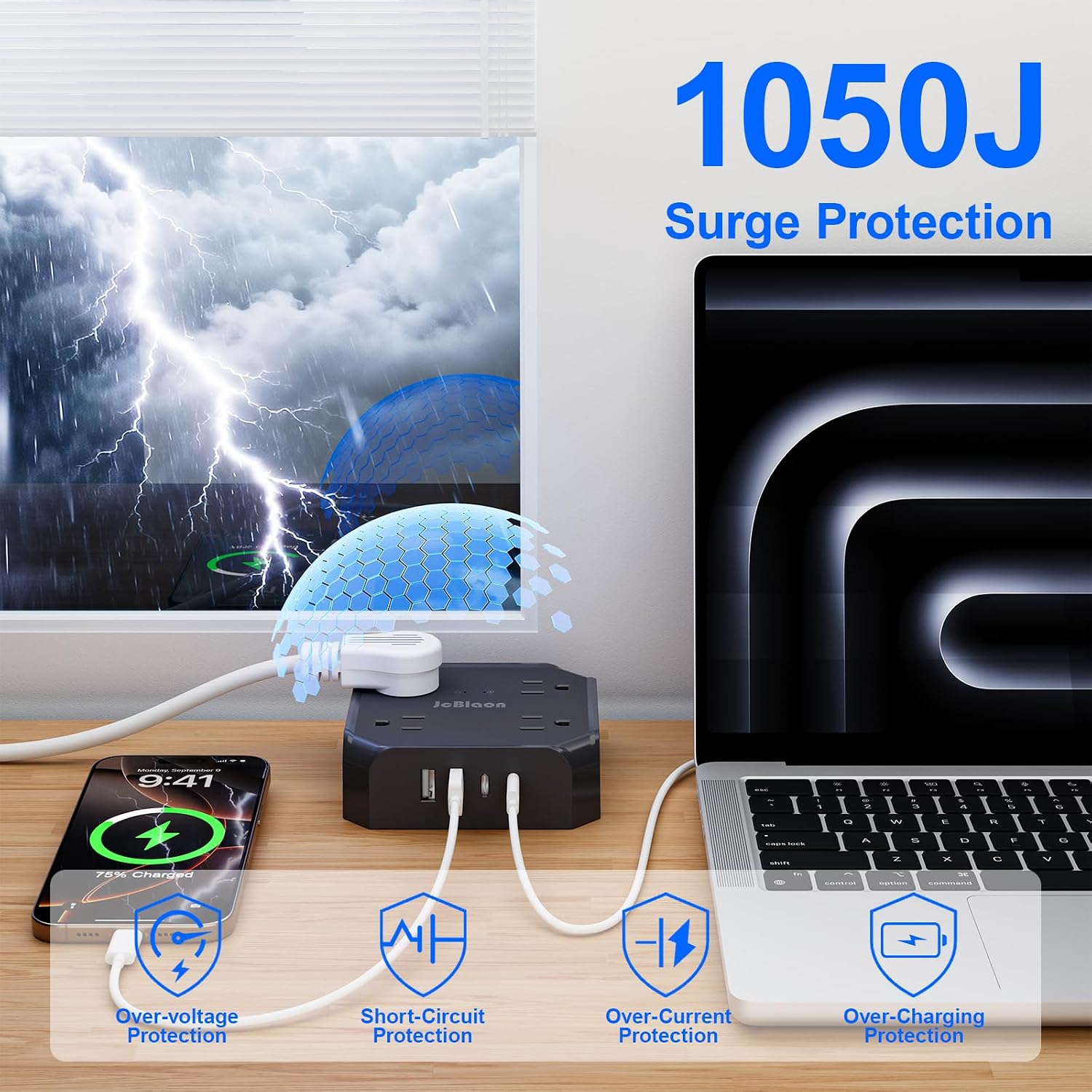 Detalle 2 de JcBlaon QC860-CU Power Strip with 8 AC Outlets, 4 USB Ports and 1050J Protection