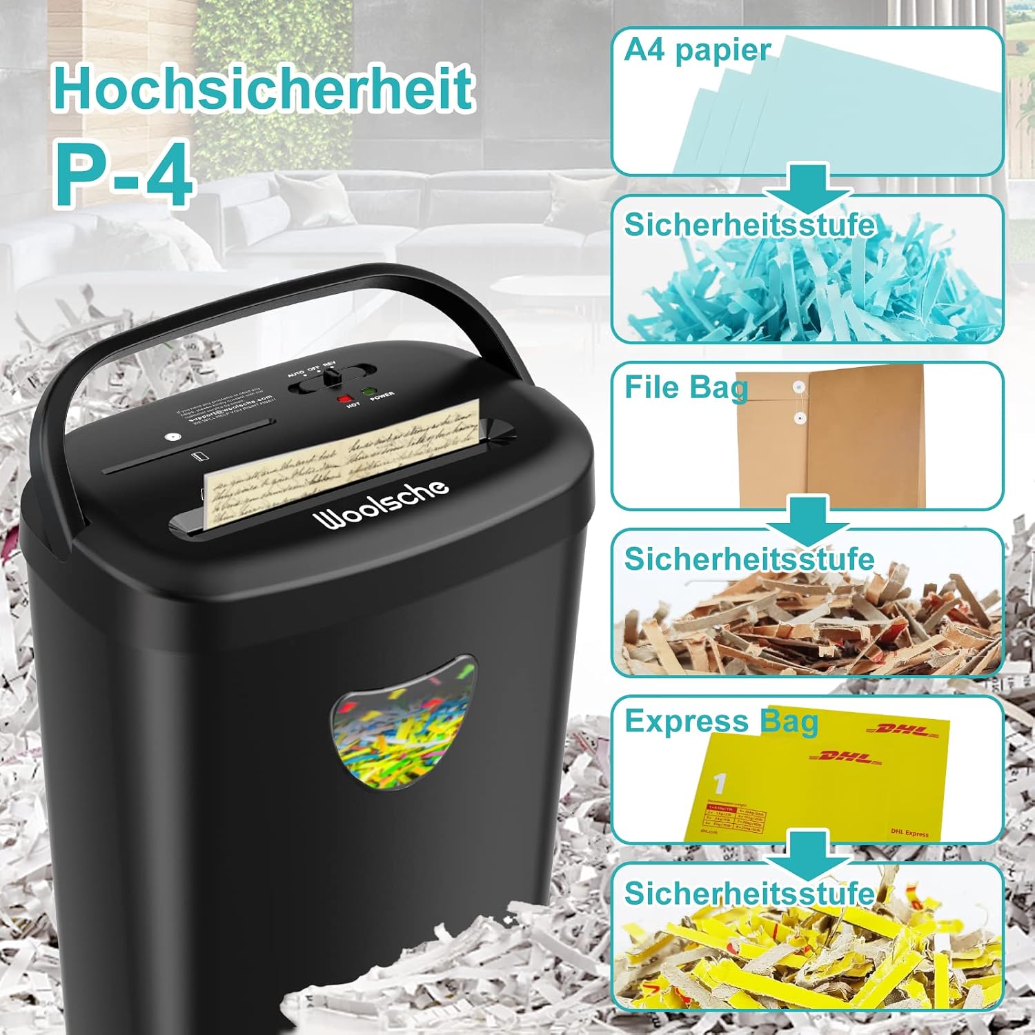 Detalle de Aktenvernichter mit 12-Blatt Kapazität und 25-Liter Behälter – Kreuzschnitt, ideal fürs Home Office