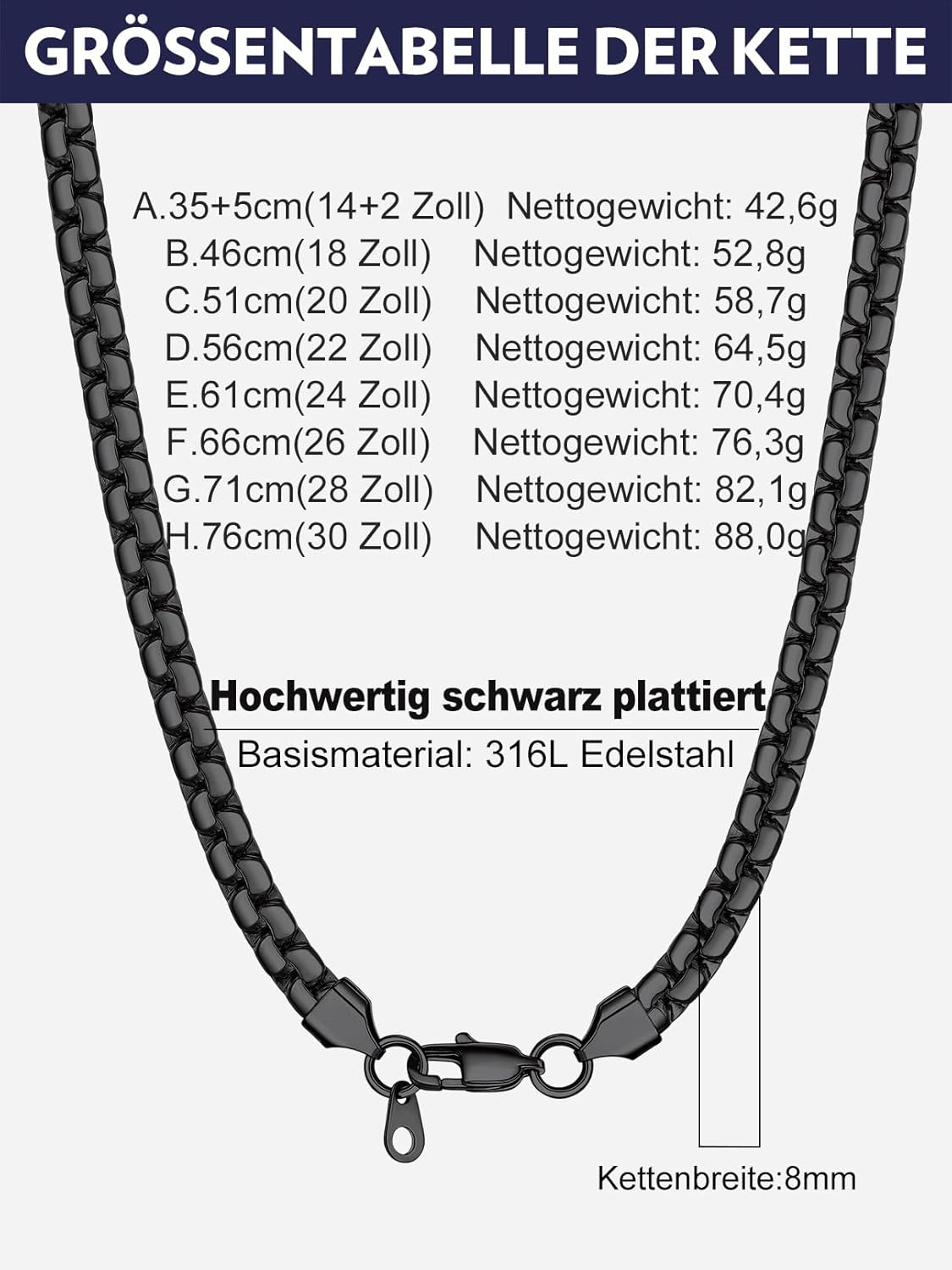 Thumbnail 6 de Bandmax Venezianer-Halskette aus 316L Edelstahl (Herren & Damen) – Gliederkette 2/4/6/8 mm, Länge 35–76 cm