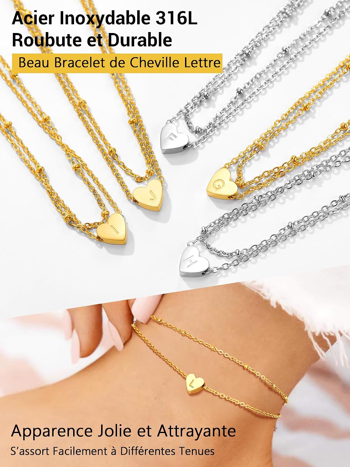 Thumbnail 6 de PROSTEEL Bracelet de cheville femme plaqué or jaune 18k en acier inox 316L, double chaîne ajustable et charm cœur initiale