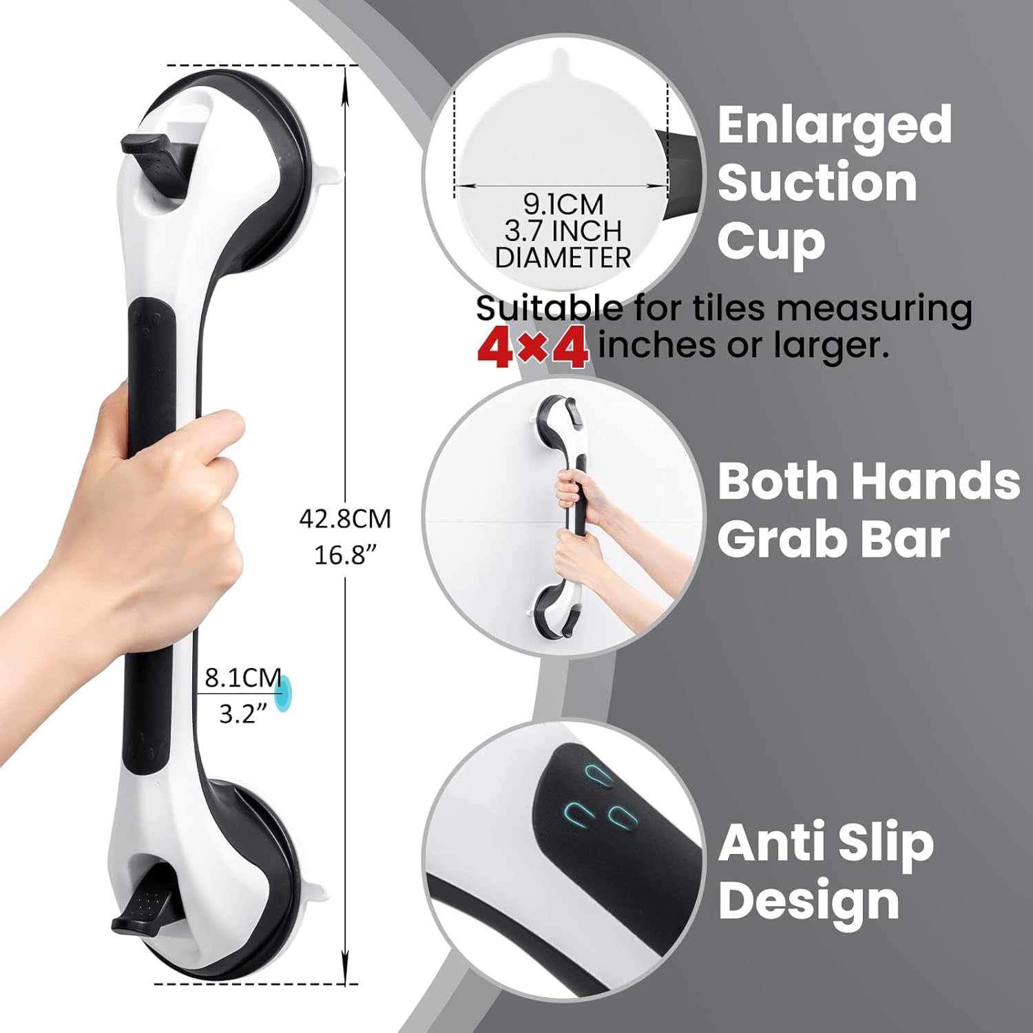 Thumbnail 3 de TAILI Haltegriff Dusche ohne Bohren (2er-Set), MAX 110 kg – Duschgriff mit Saugnapf, 43 cm, Schwarz