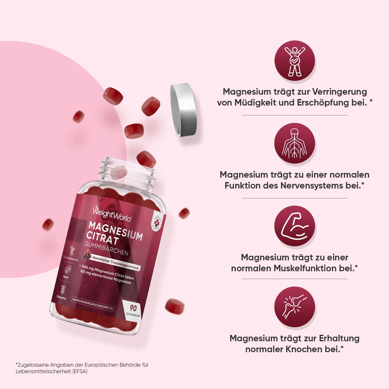 Thumbnail 5 de WeightWorld Magnesiumcitrat Gummies (90 vegane Gummibärchen) – 160 mg elementares Magnesium pro Portion