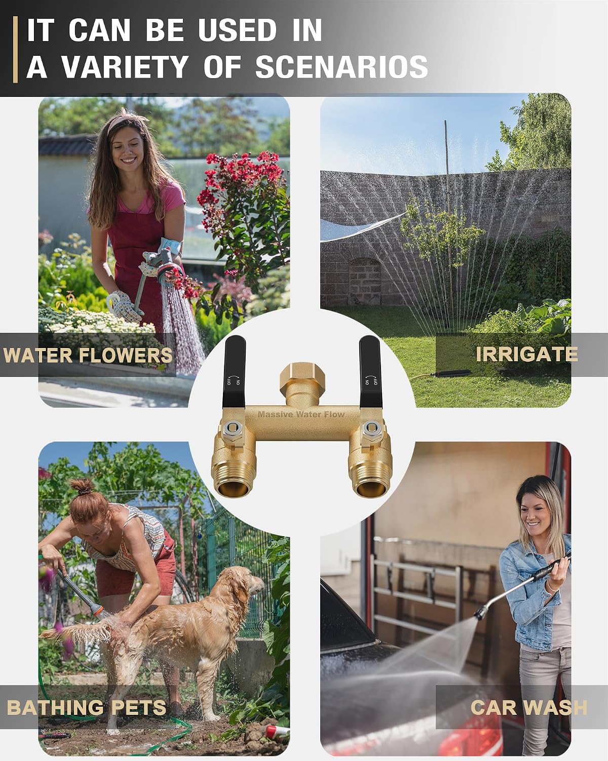Detalle de HugWaFlw 2-Way Distributor: Solid Brass Garden Water Splitter for Two Devices