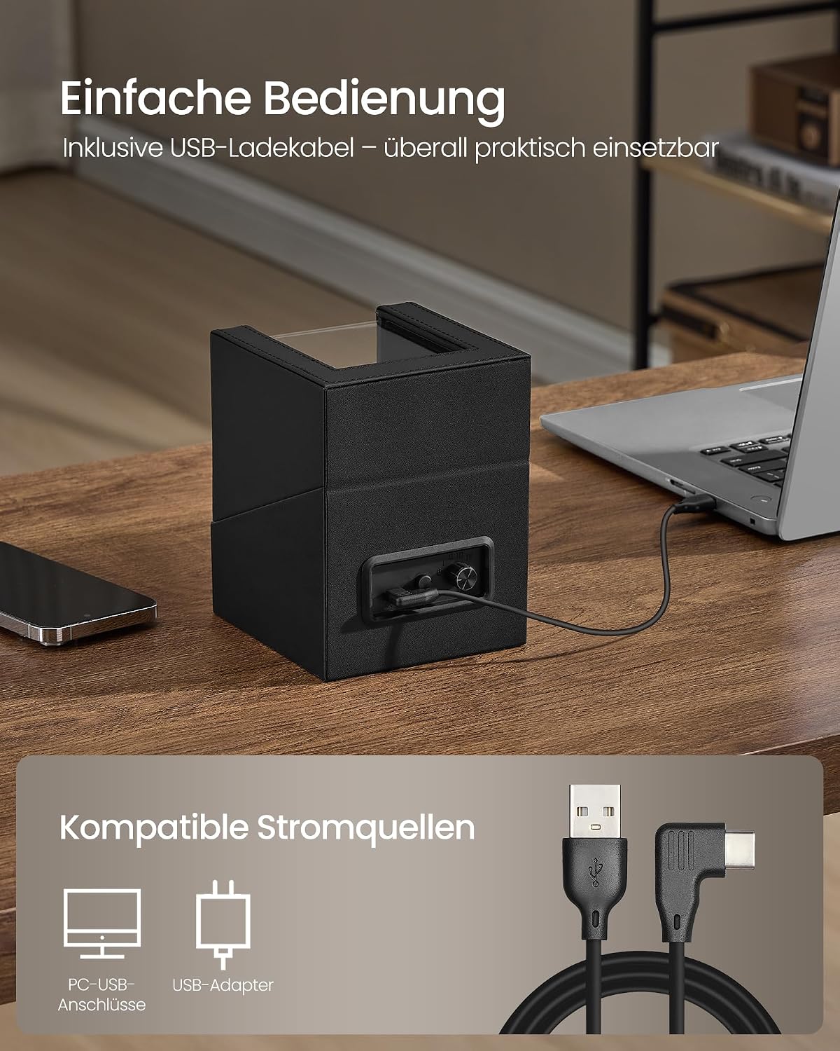 Thumbnail 5 de SONGMICS JWB030B01 Uhrenbeweger – 1 Uhr, LED-Licht, 4 Rotationsmodi, USB-C, schwarz