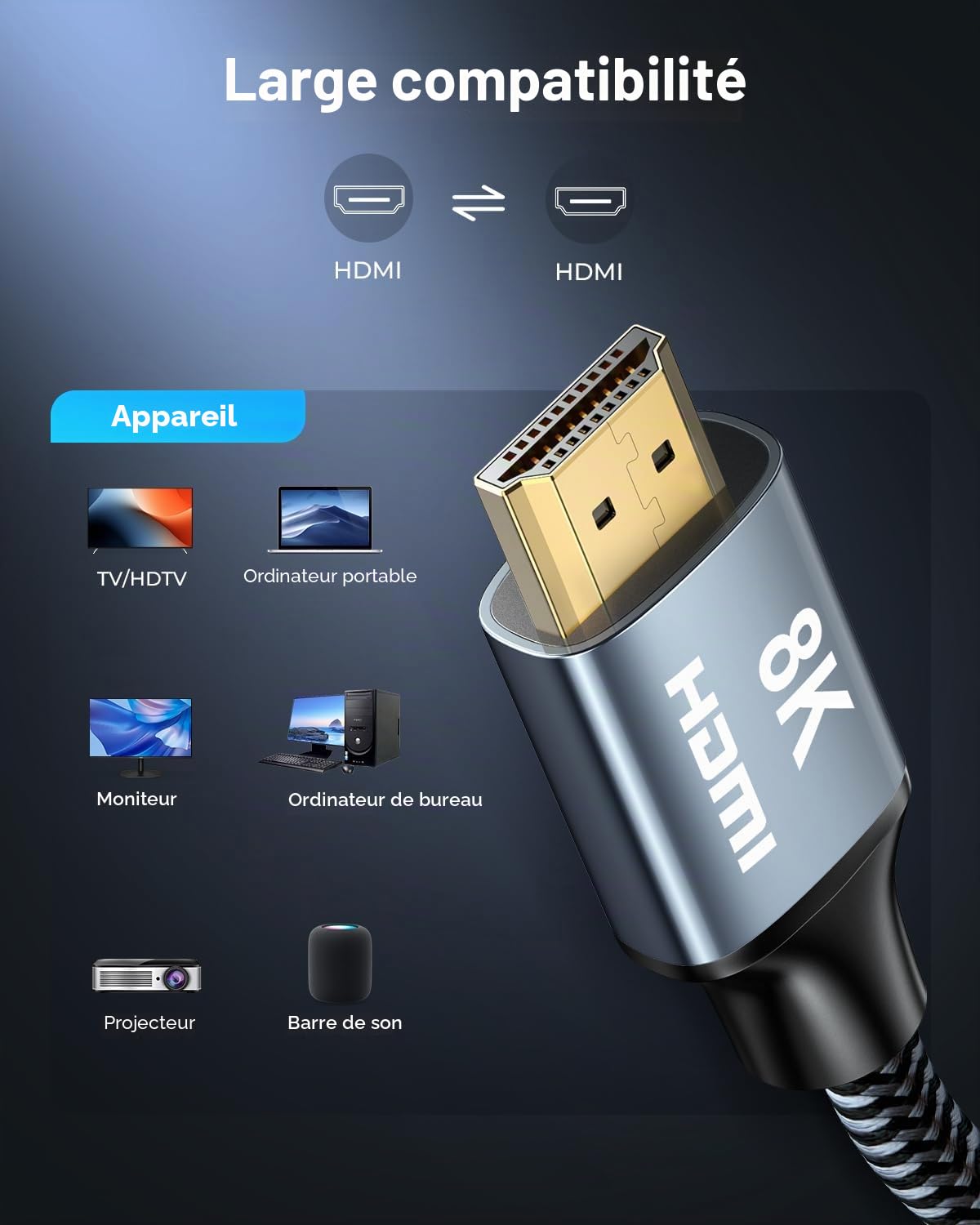 Thumbnail 6 de CABNEER Câble HDMI 2.1 8K 12m – haute vitesse 48 Gbps, tressé nylon, eARC et HDR