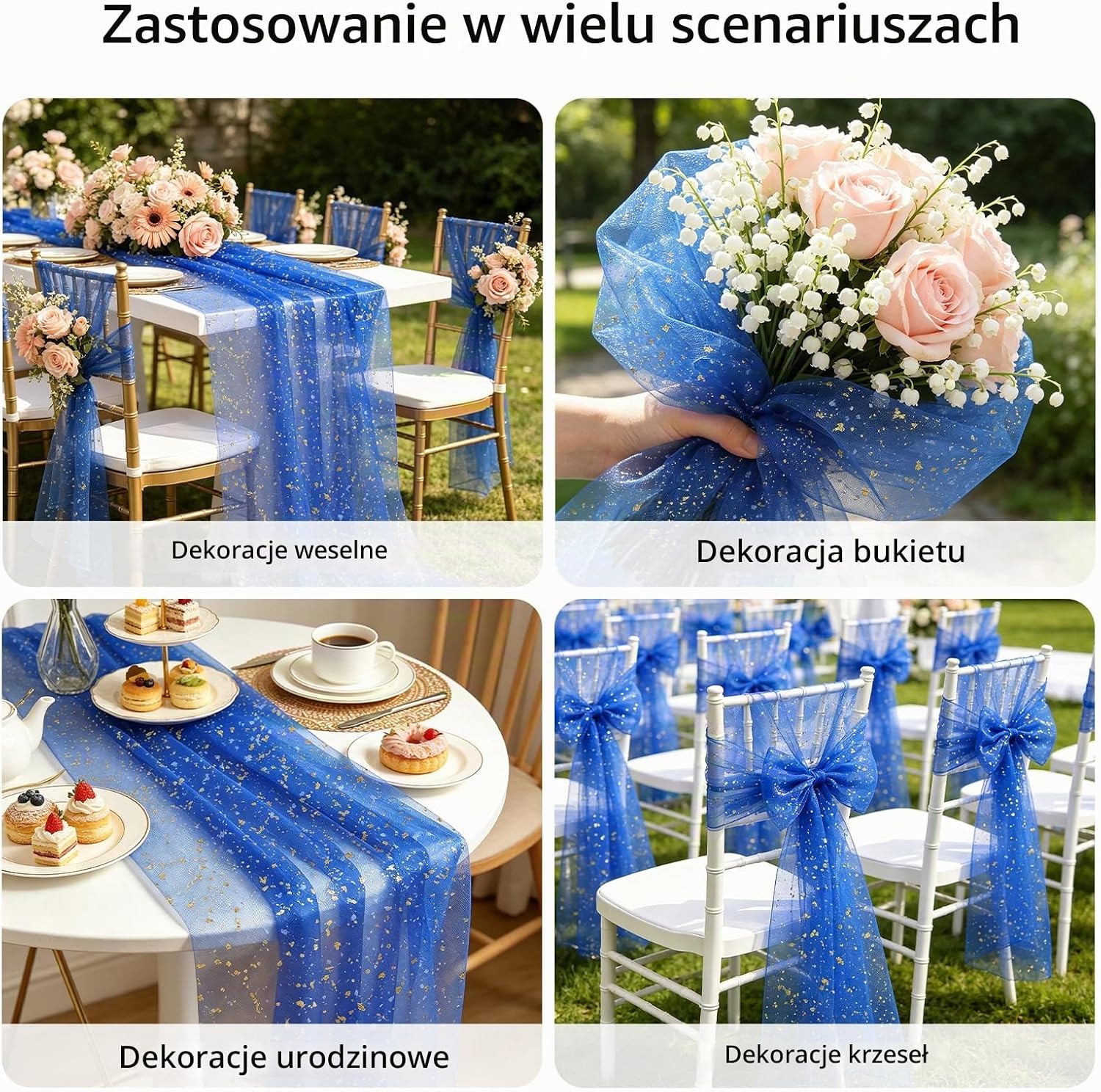 Detalle 2 de Foatcox niebieski bieżnik tiulowy 75 × 300 cm ze złotym motywem liści