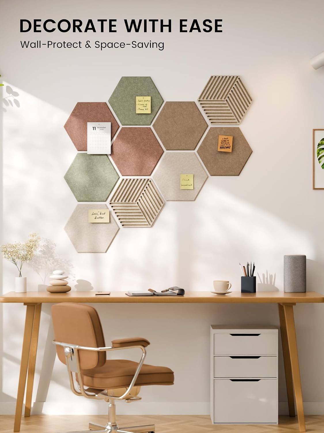 Detalle de Fluxynara 10-Pack Hexagon Felt Bulletin Board Tiles, Boho with Adhesive Tabs