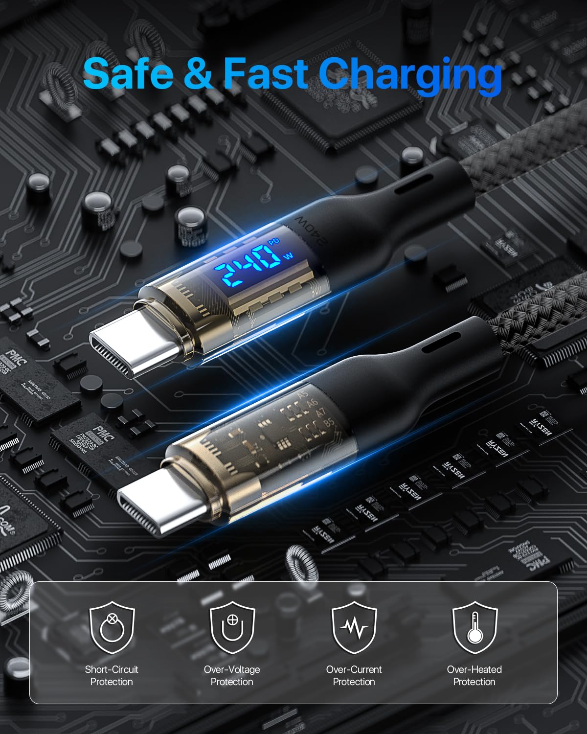 Detalle 1 de SOOPII 240W USB-C to USB-C Cable (6ft, 2-Pack) with LED Watt Display