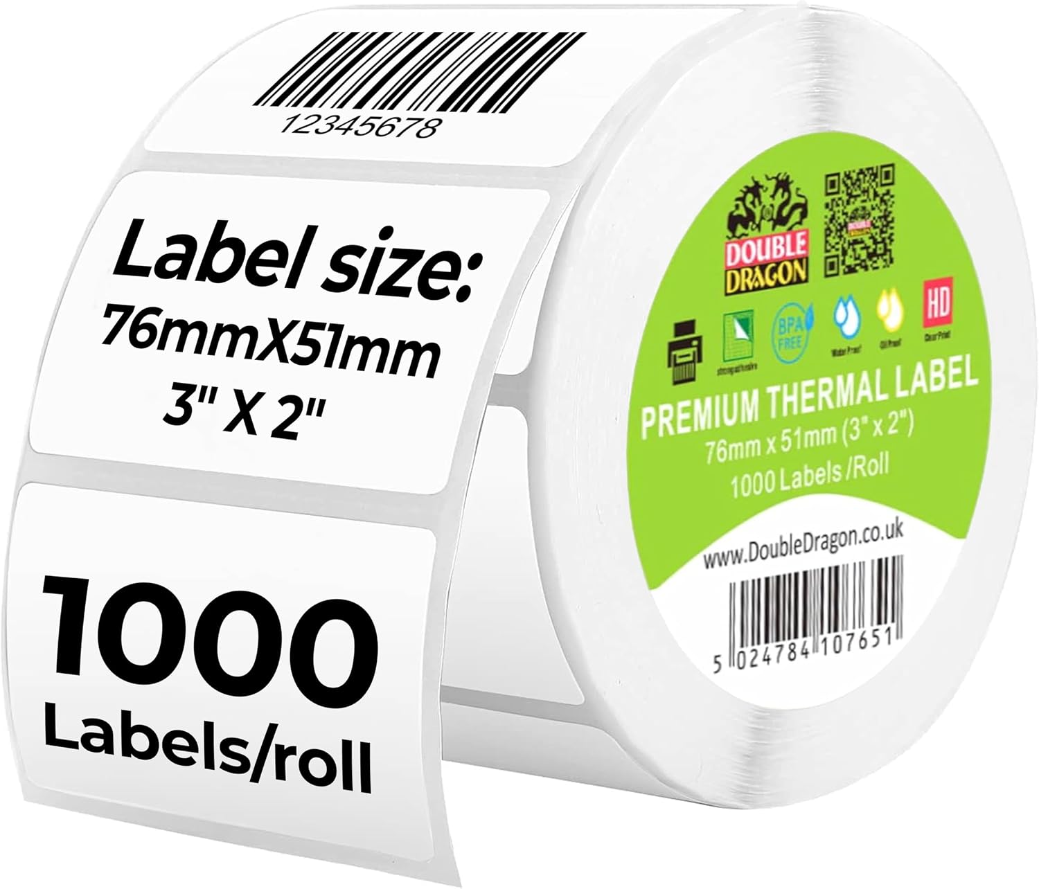 Detalle de Double Dragon 57x32 Direct Thermal Labels on Roll – 1000 Labels, Permanent Adhesive