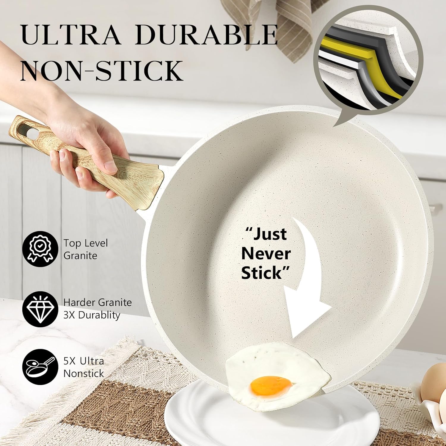 Detalle de GiPP Nonstick Skillet Frying Pan Set – White Granite, 20+24+28 cm