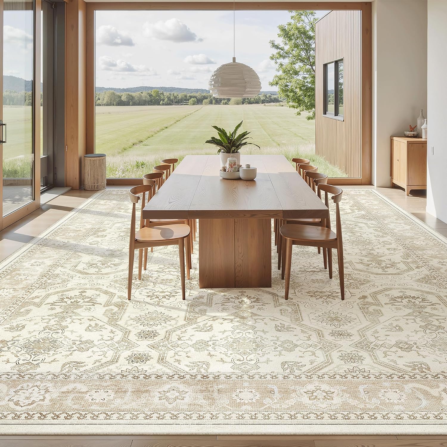 Detalle de Soalmost 10x14 Area Rug — Non-Slip, Machine Washable Beige/Brown Vintage Style