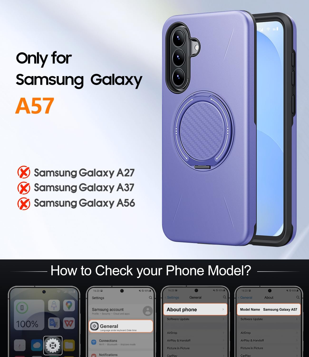 Detalle 2 de AOUIA Rugged Case with 2-Pack Screen Protectors for Samsung Galaxy A57 5G (Purple)