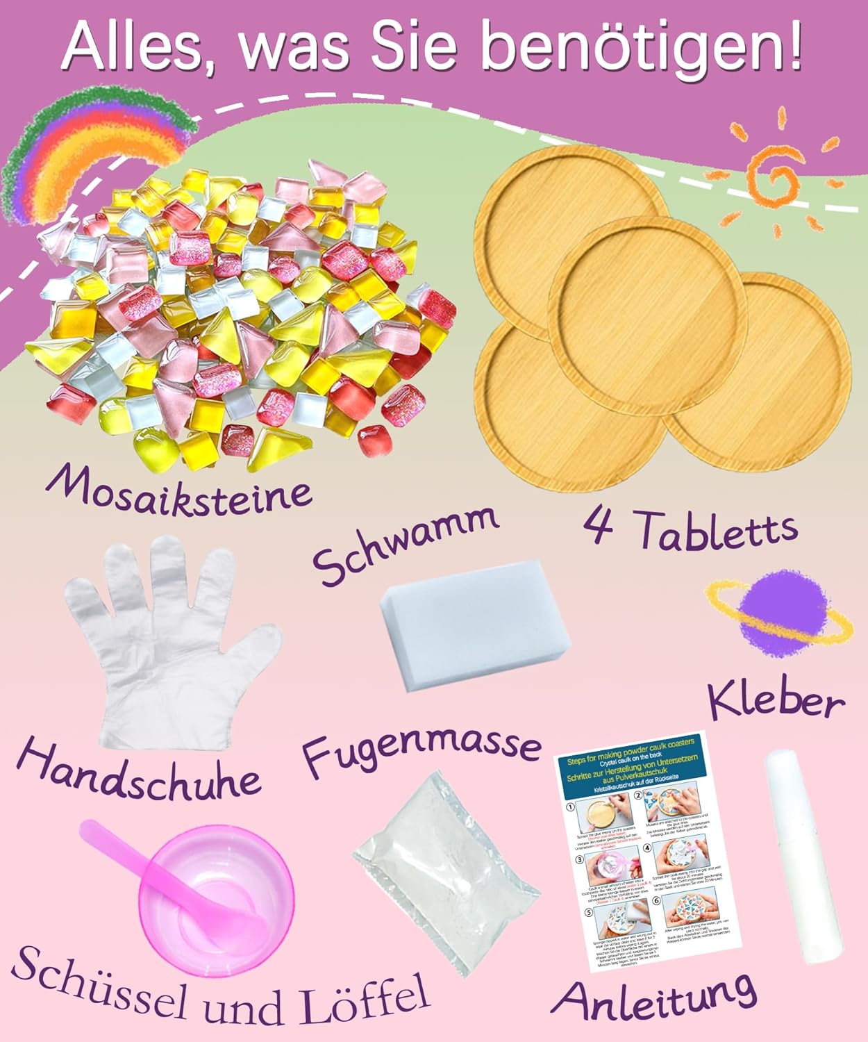 Detalle 2 de Finsink Mosaik Bastelset für Kinder – 4er Untersetzer-Set aus Holz mit Glas-Mosaiksteinen