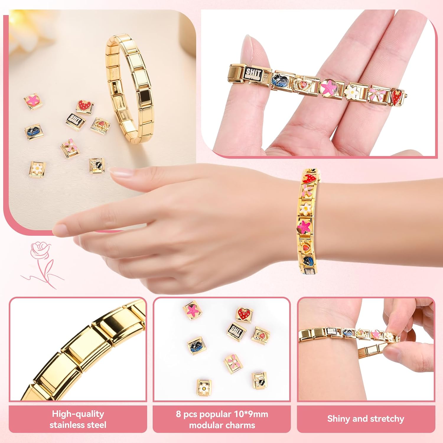 Thumbnail 2 de Ouxayapl Italian Charm Bracelet Armband-Set in Gold mit 8 austauschbaren Charms (inkl. Öffnungswerkzeug) für 9-mm-Armbänder
