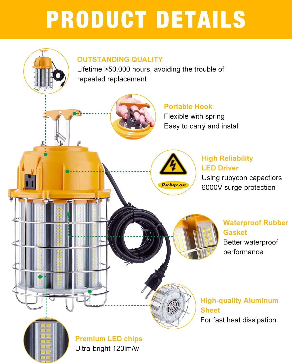 Detalle de JC-LGL RMS-K5-II-100W LED Temporary Work Light, 12,000 Lumens, 5000K