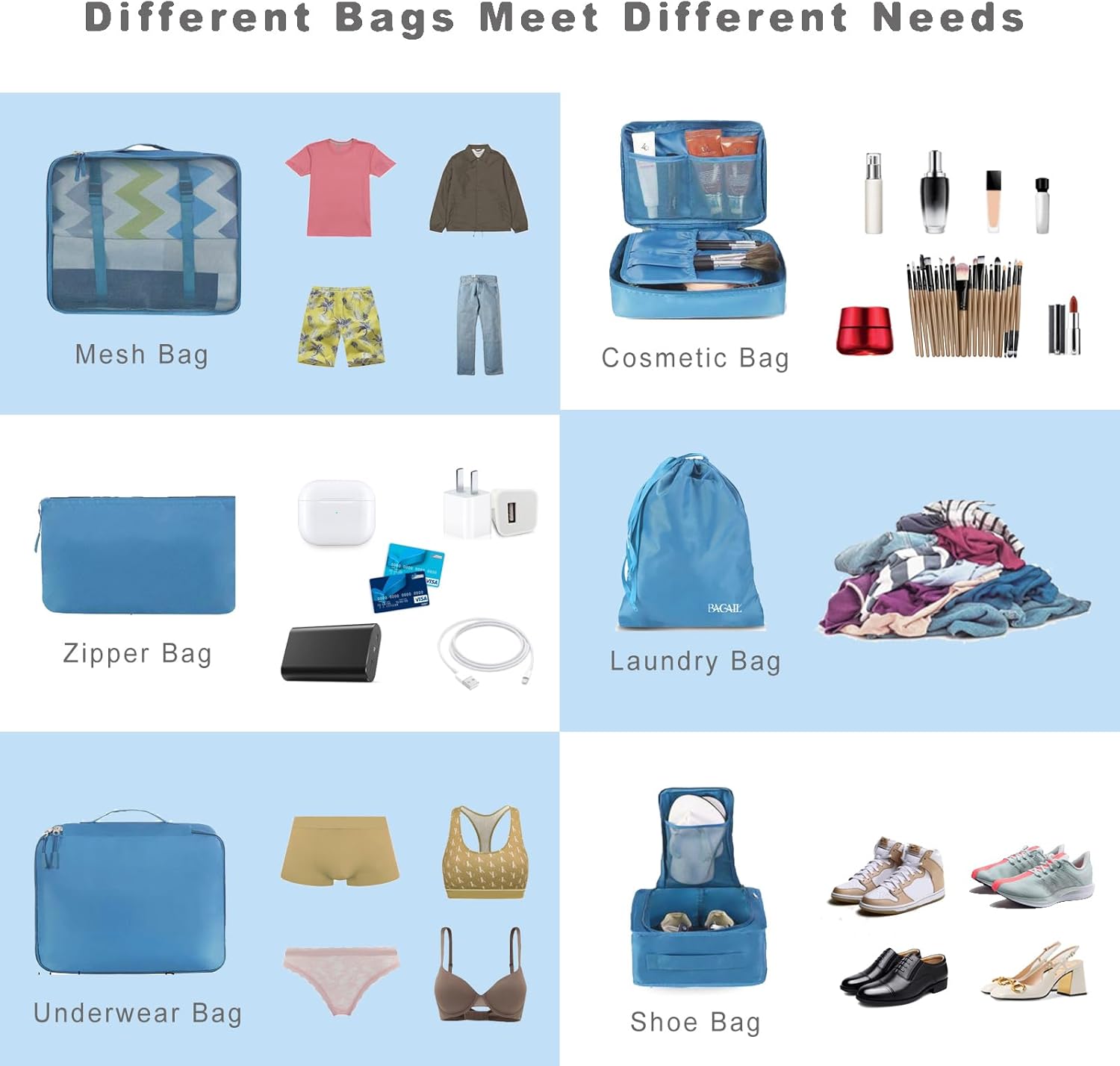 Detalle de BAGAIL 8-teilige Packwürfel inkl. Kleidertaschen & Organizer-Set für Reise und Koffer