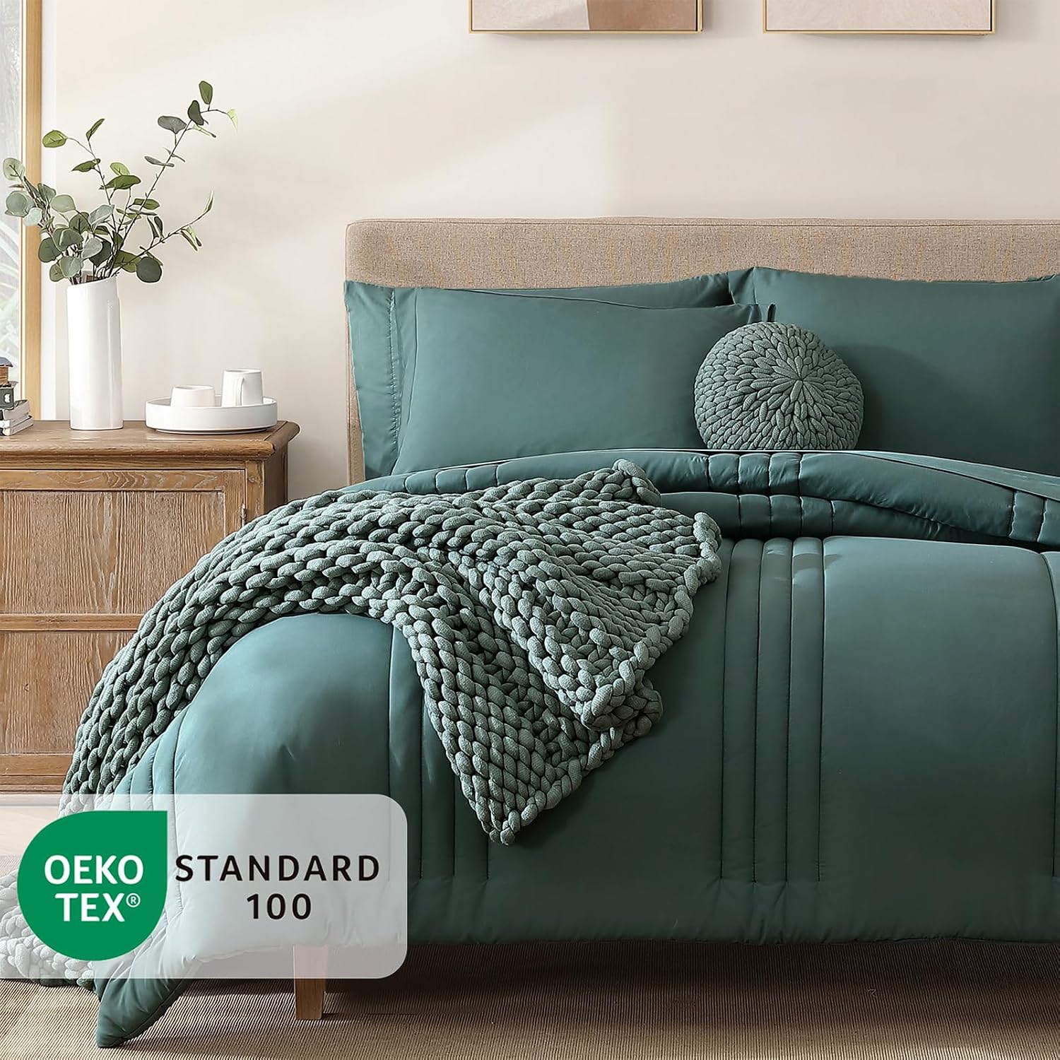 Detalle de Monbix Queen Comforter Set, 7-Piece Blue Green Bedding with All-Season Comforter