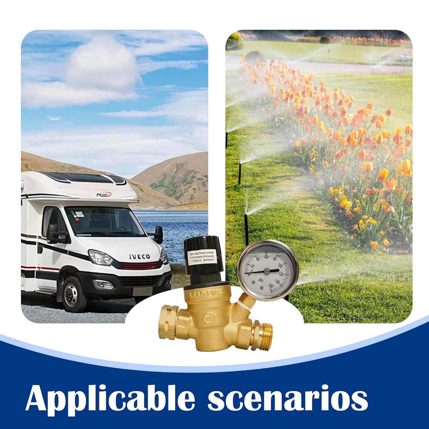 Thumbnail 6 de Hourleey RV Water Pressure Regulator (Adjustable Handwheel, Brass) with Gauge & Inlet Screen Filter