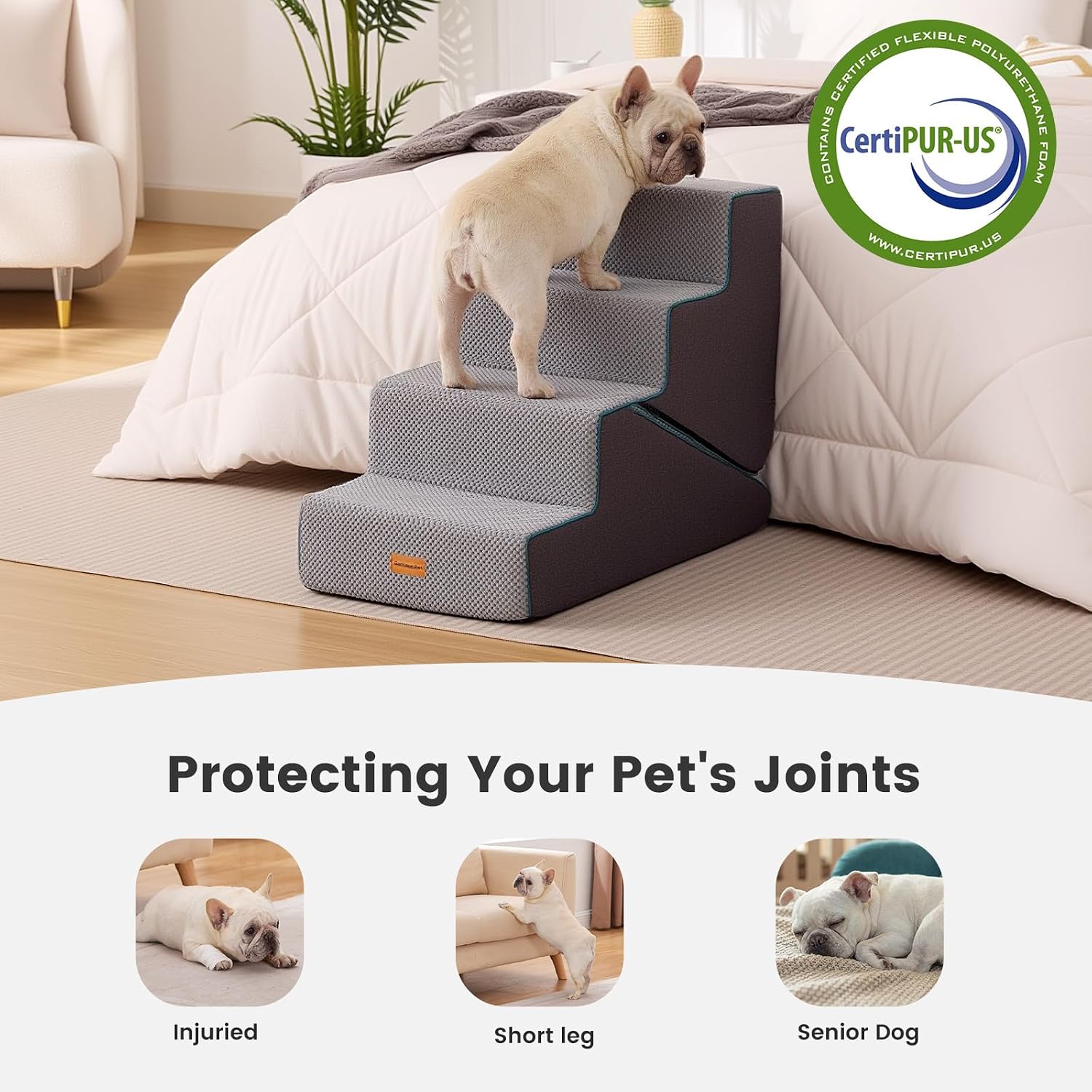 Detalle de Gardner Pet 4-Step Adjustable Dog Steps for Bed 47–56cm High (Grey) – Waterproof, Non-Slip Ramp with 35D Foam