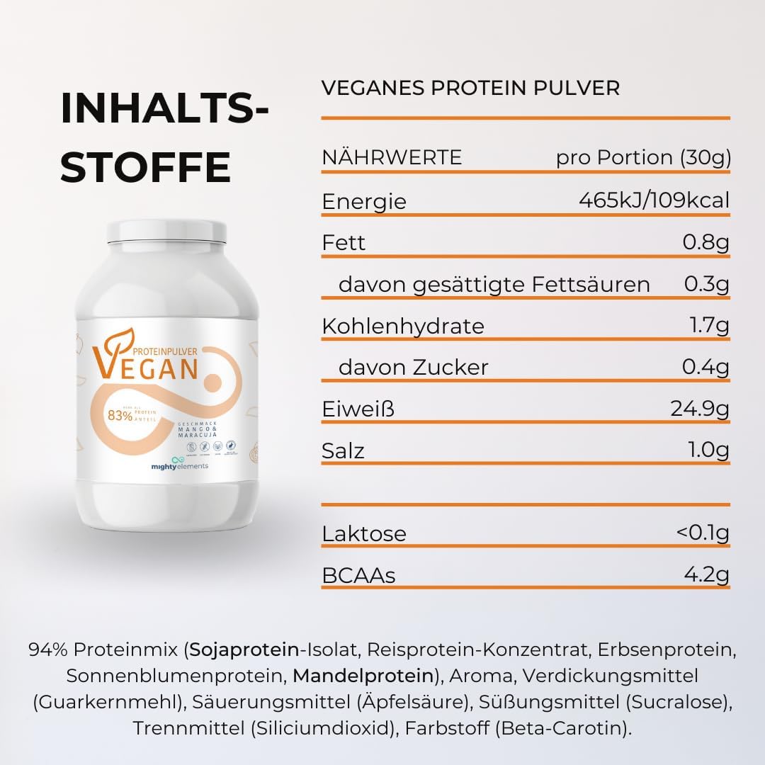 Thumbnail 3 de Mighty Elements veganes Protein Mango & Maracuja (1 kg) – 83% pflanzliches Eiweiß, glutenfrei & laktosefrei