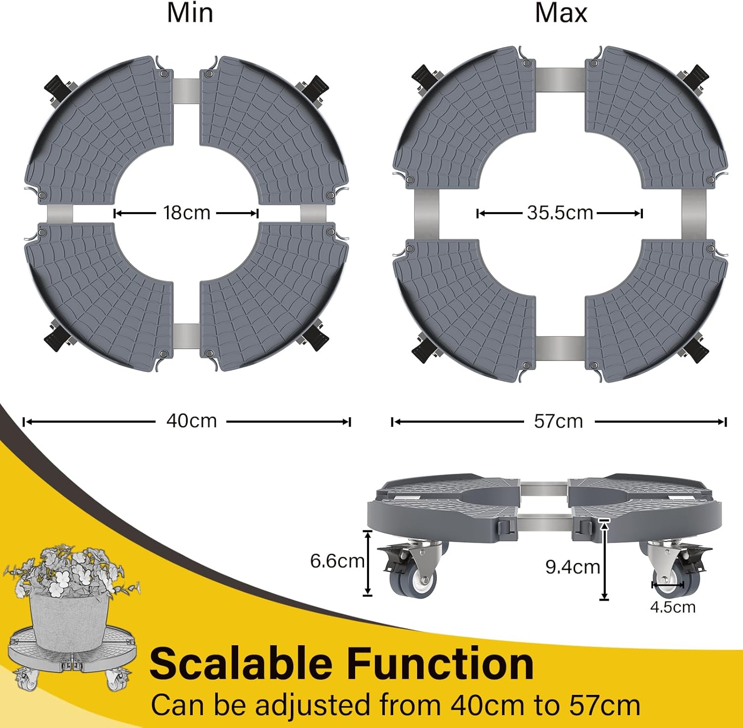Thumbnail 2 de WELDUN Heavy Duty Plant Caddy with Wheels (Adjustable 40–57 cm) – Lockable Caster Plant Stand, Grey, 1 Pack