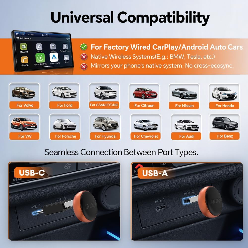 Thumbnail 5 de Carlinkit Mini Ultra 3 Wireless CarPlay Adapter, USB-A/C, Orange