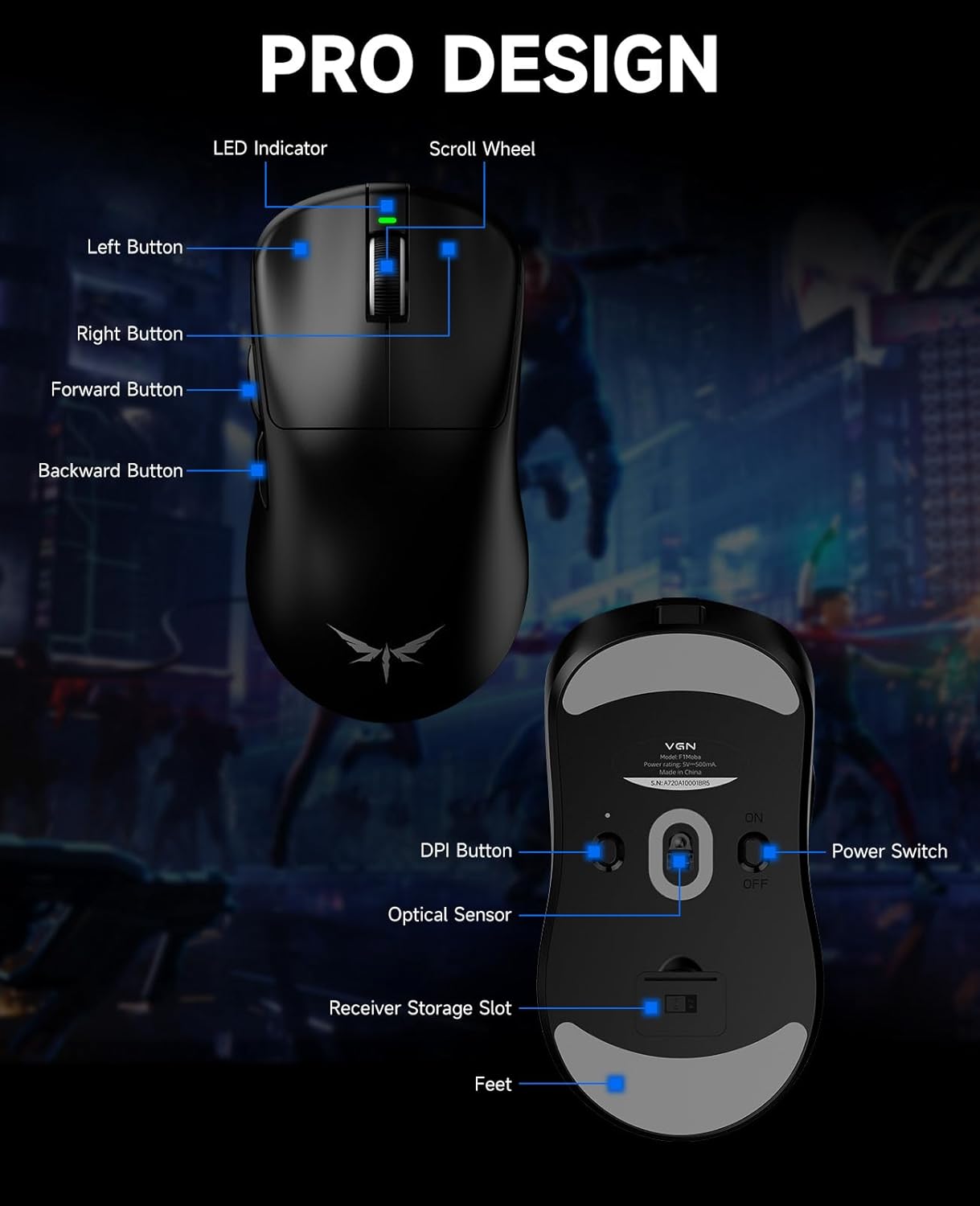 Thumbnail 5 de VGN Dragonfly F1 MOBA Wireless Gaming Mouse (PAW3395, 26K DPI, 55g) — Anti-Slip Grip, Dual-Mode 2.4GHz + USB-C