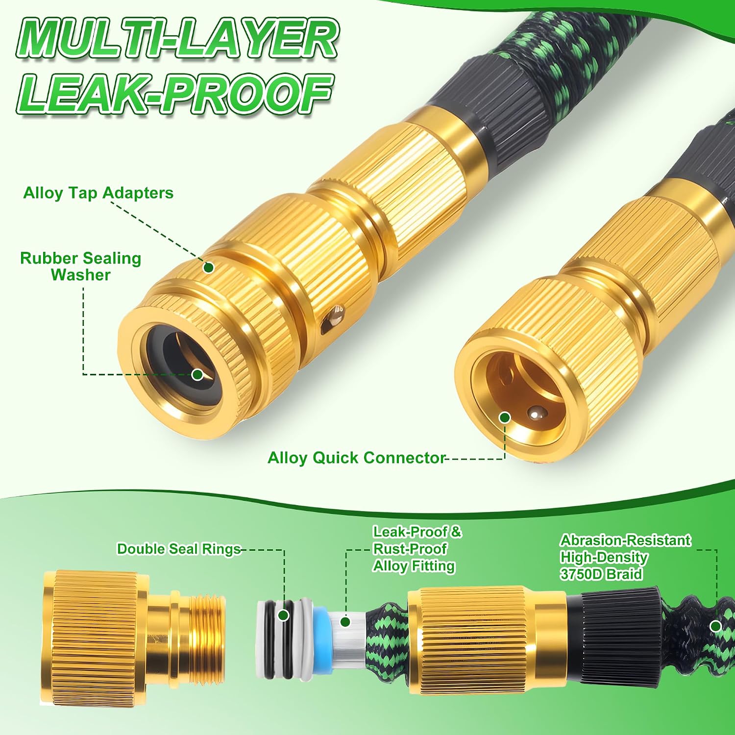 Detalle de Expandable Garden Hose Pipe 100FT with 10-Pattern Nozzle – Leak-Proof, Retractable & Kink-Free