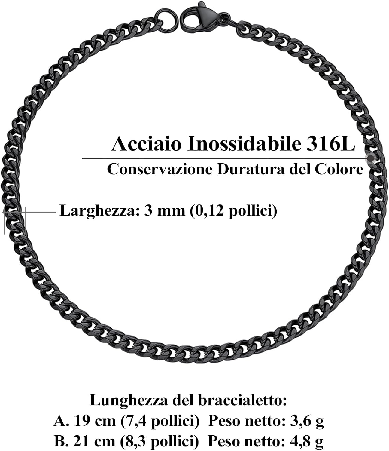Detalle 2 de PROSTEEL bracciale da uomo a catena cubana in acciaio inox (oro 18K/argento nero), larghezze 3-12 mm e lunghezze 16-21 cm