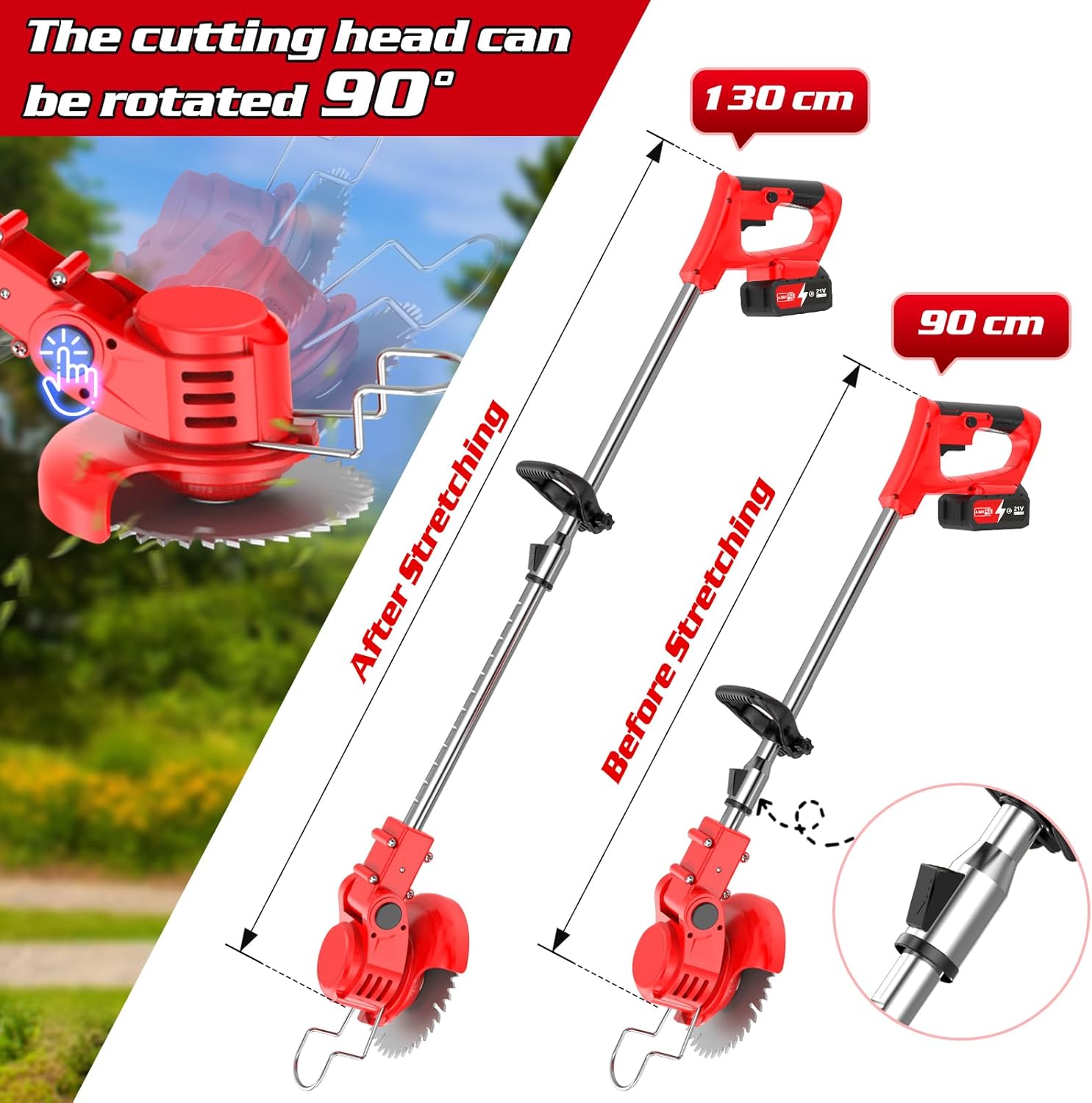 Thumbnail 2 de 21V Cordless Strimmer (2 x 4000mAh batteries) with 15,000 RPM 750W motor, telescopic lightweight grass trimmer