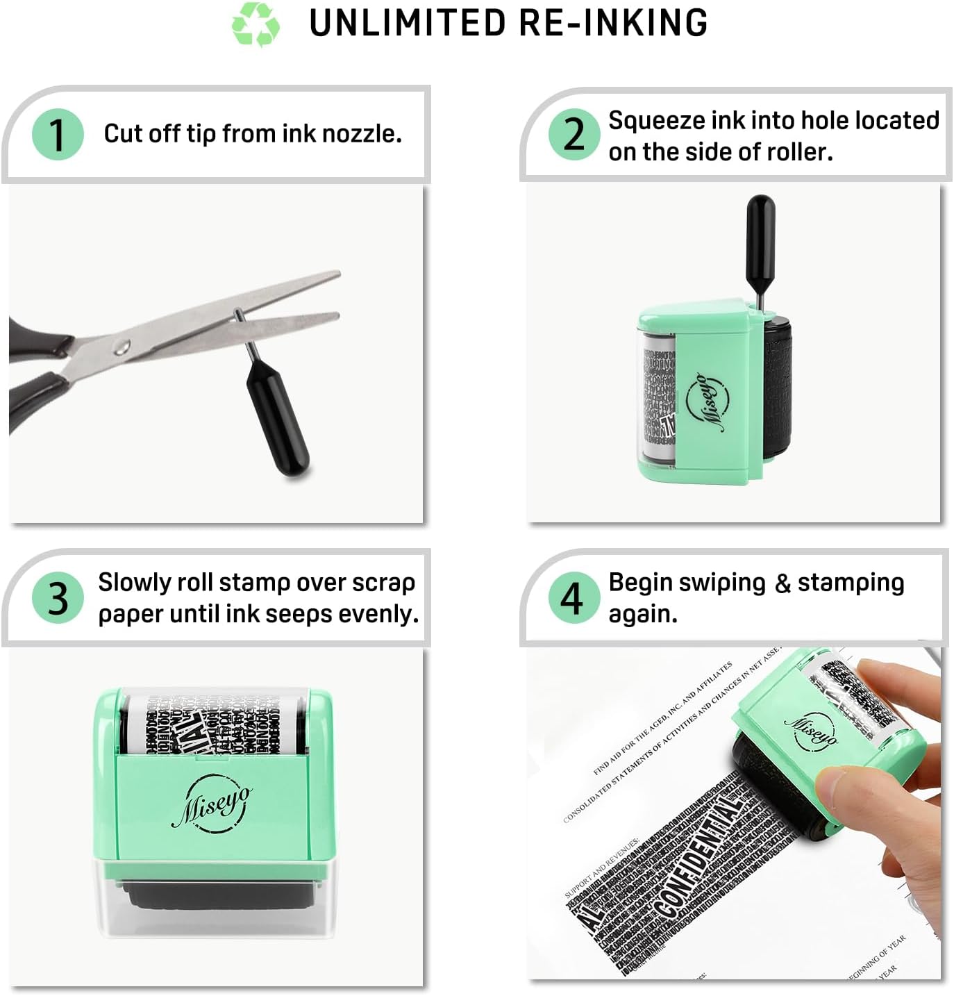 Thumbnail 4 de Miseyo Identity Theft Protection Roller Stamp Set (Mint Green) with 6 Refill Ink