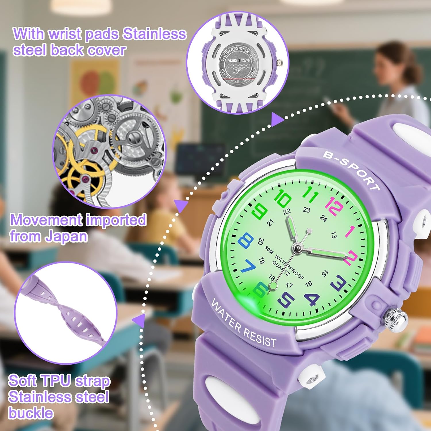 Detalle de GUUMUXIN Lernuhr für Kinder – Analoge Uhr mit bunten Lichtern, TPU Armband, 30 m wasserdicht (5–16 Jahre)