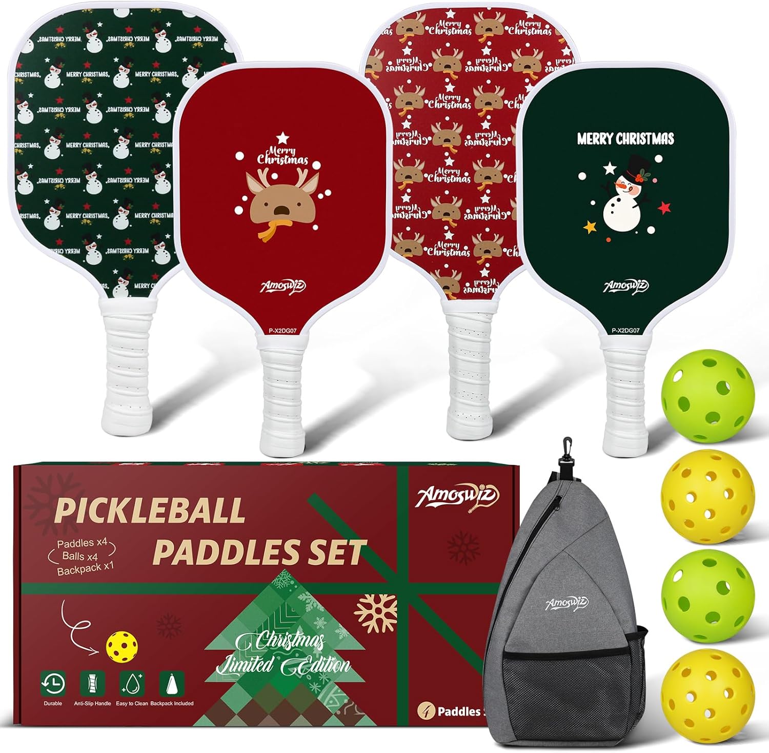 Thumbnail 6 de Amoswiz Pickleball Set of 4: 2 Adult & 2 Kid Fiberglass Paddles with Balls and Carry Bag