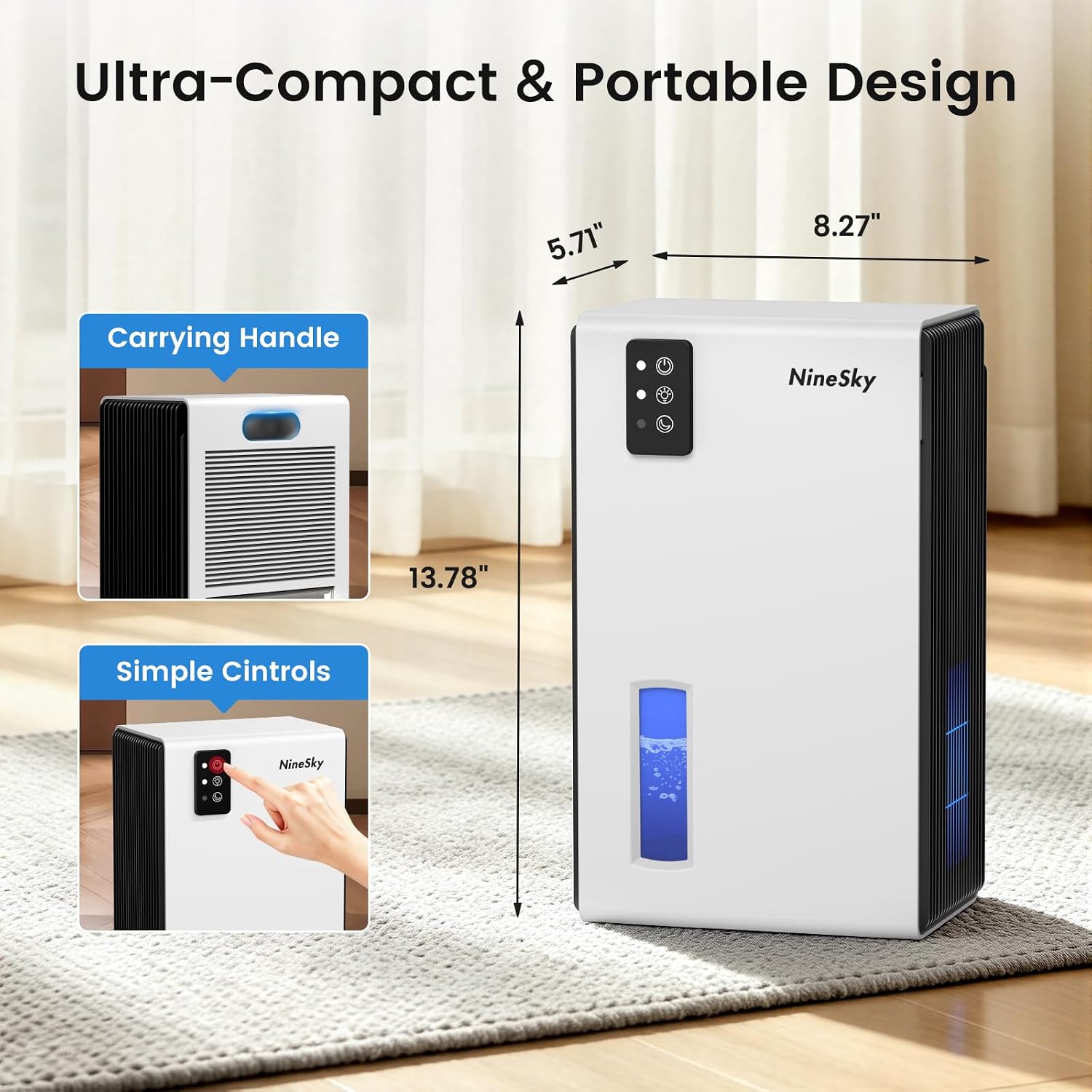 Detalle de NineSky 1000 Sq Ft Dehumidifier with 95oz Tank, Quiet Operation, Auto Shut-Off, and 7-Color Ambient Light