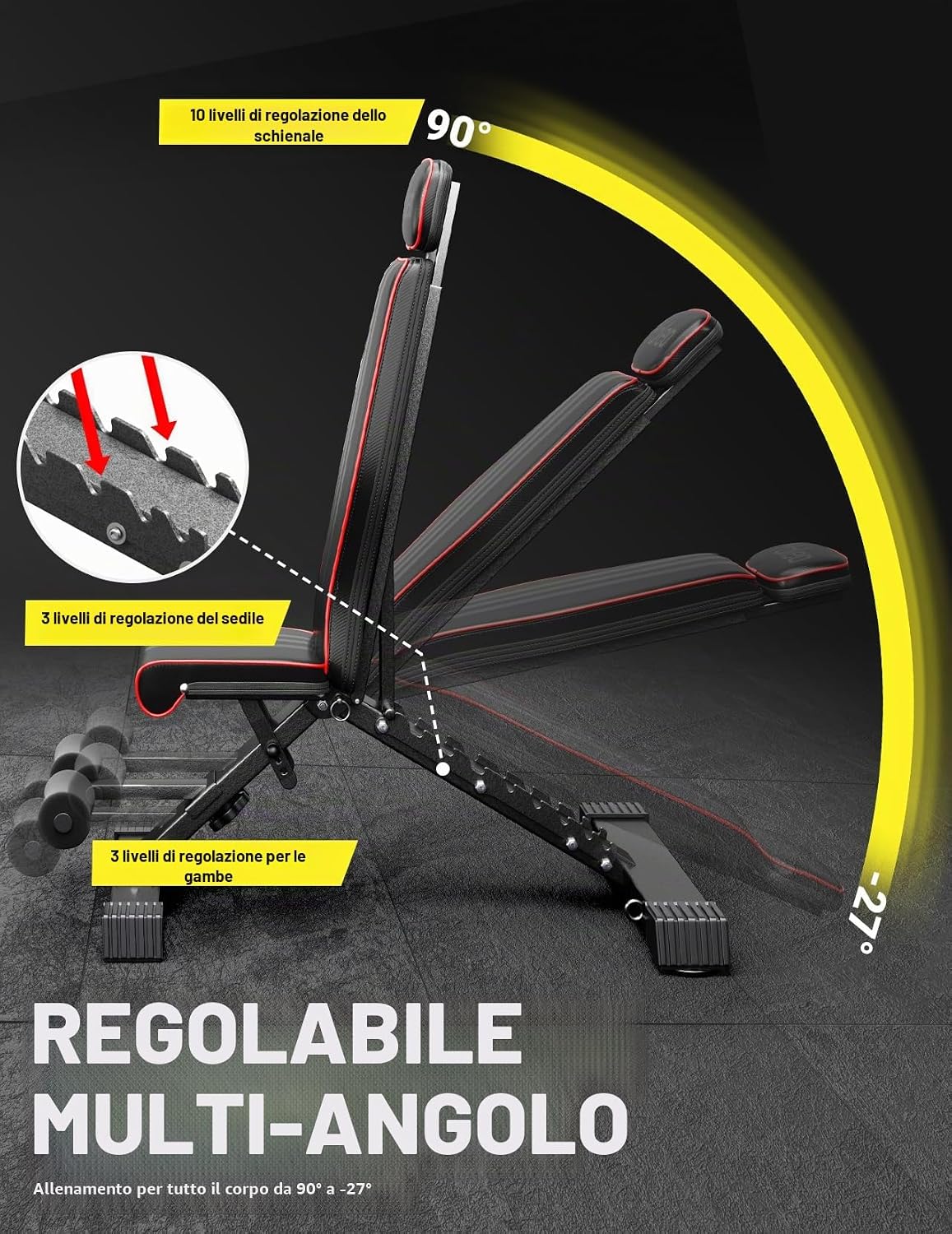 Detalle de YOLEO Panca pesi regolabile 375 kg – Schienale allungato 82 cm e pieghevole: la tua palestra domestica versatile
