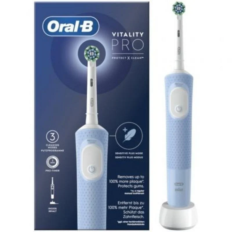 Detalle de Oral-B Vitality Pro Pack: cepillo eléctrico recargable con cabezal extra (azul y negro) para una higiene bucal de precisión