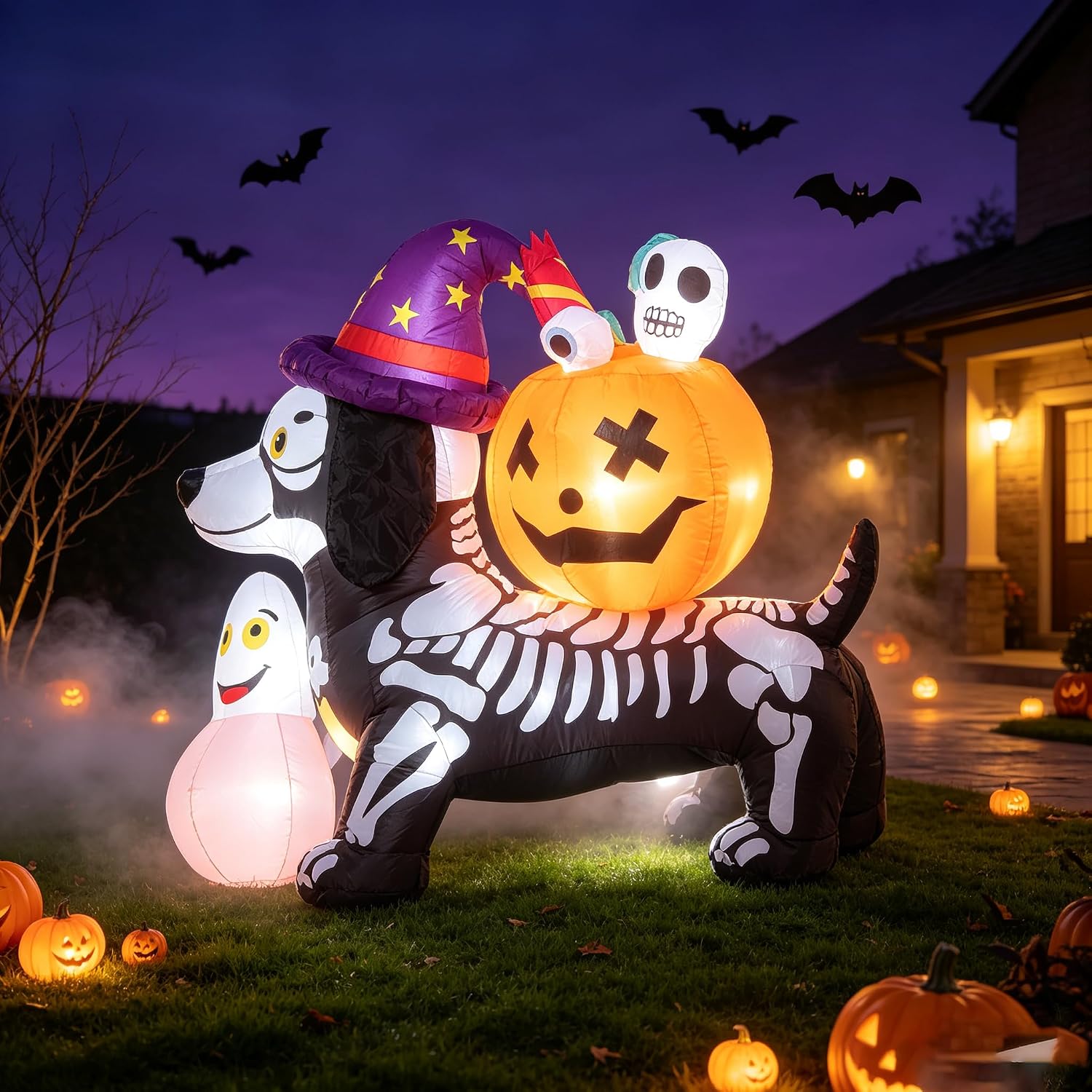 Detalle de Mrerthos 5FT Inflatable Skeleton Dachshund with Pumpkin, Light-Up Halloween Decor