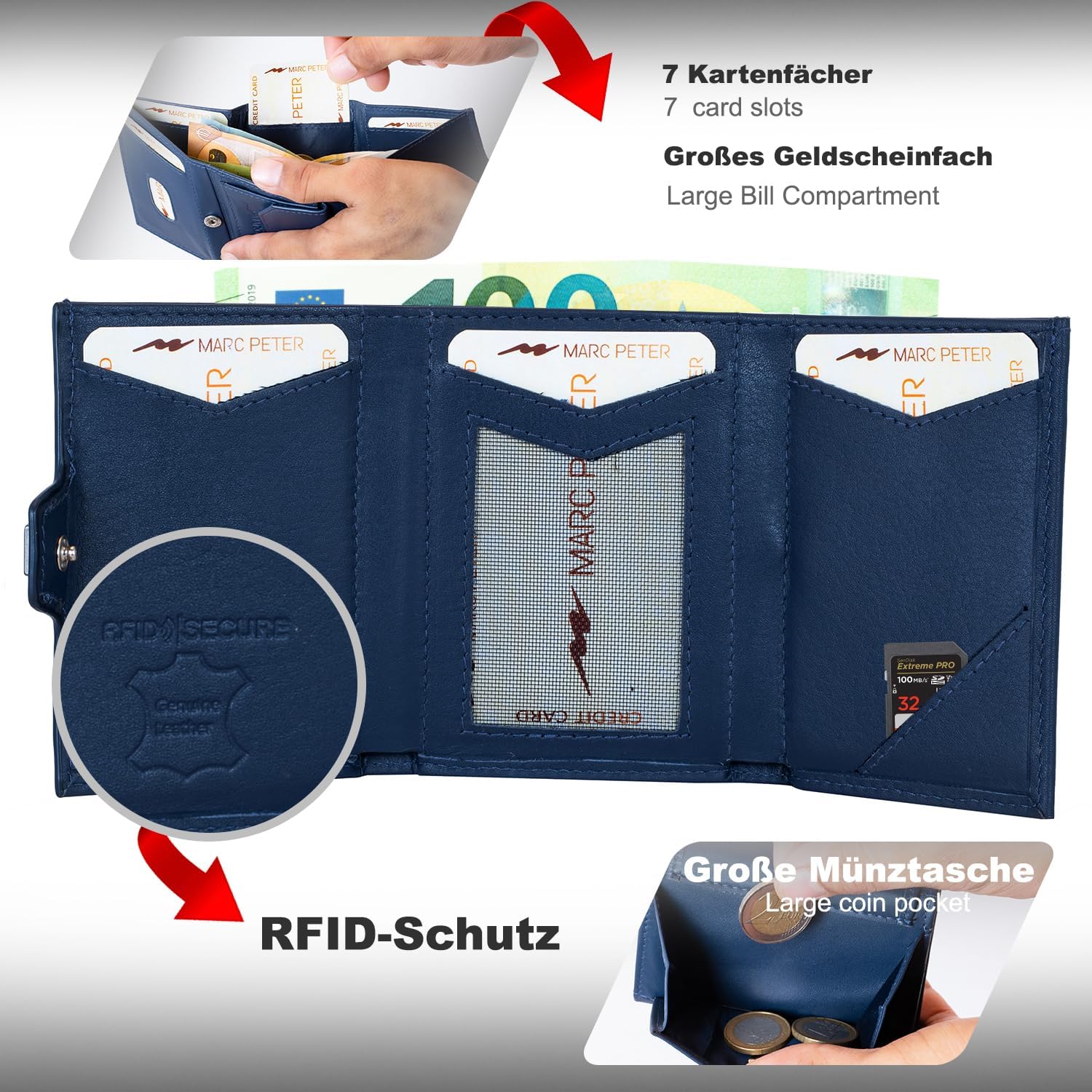 Thumbnail 2 de Marc Peter Jupiter AirTag Echtleder-Geldbörse mit XL-Münzfach (für bis zu 11 Karten) – RFID-Schutz, blau