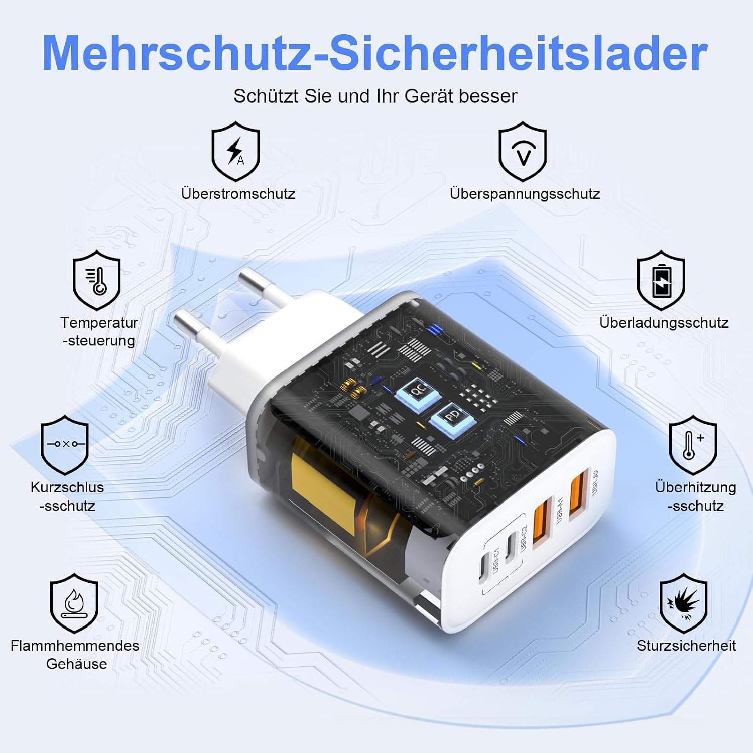 Detalle de 2er Pack USB-C Ladegerät mit 4 Anschlüssen – 40 W Schnellladegerät (PD 3.0/QC)