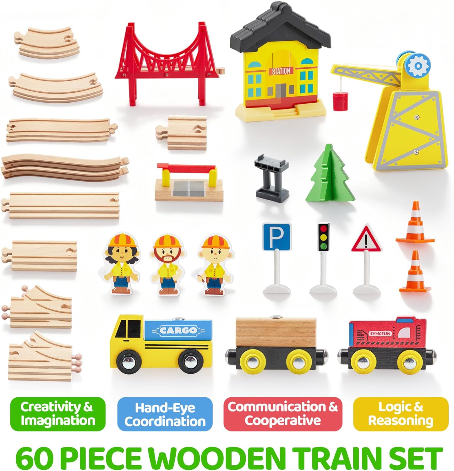 Detalle de SYNCFUN 60-piece Montessori wooden train set with magnetic crane
