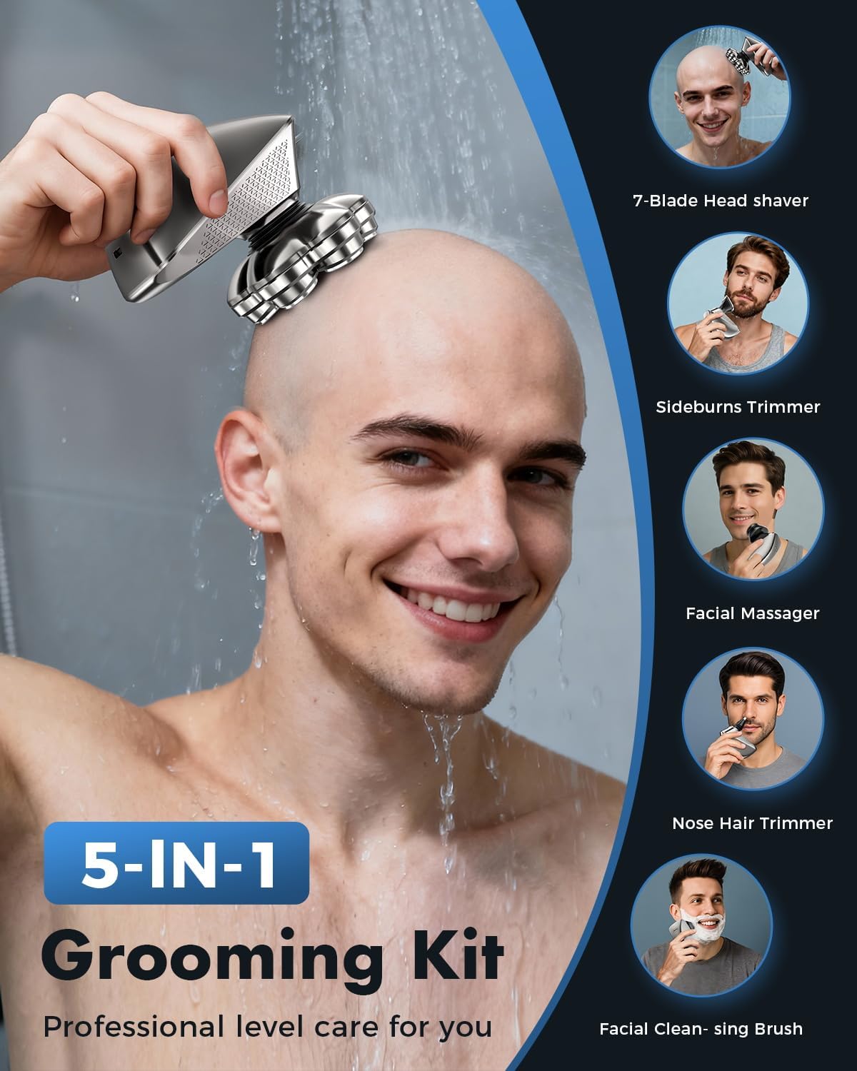 Detalle de TEPOTZ 7D Head Shaver for Bald Men – 5-in-1 Wet & Dry Grooming Kit