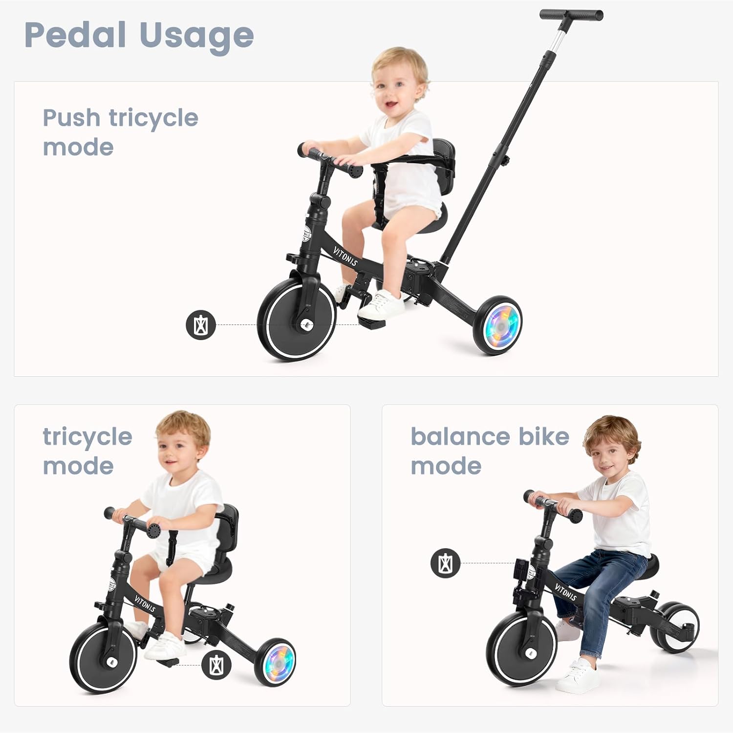 Thumbnail 3 de VITONIS Triciclo 5 in 1 per bambini 18 mesi–5 anni con ruote lampeggianti e cintura di sicurezza (nero)
