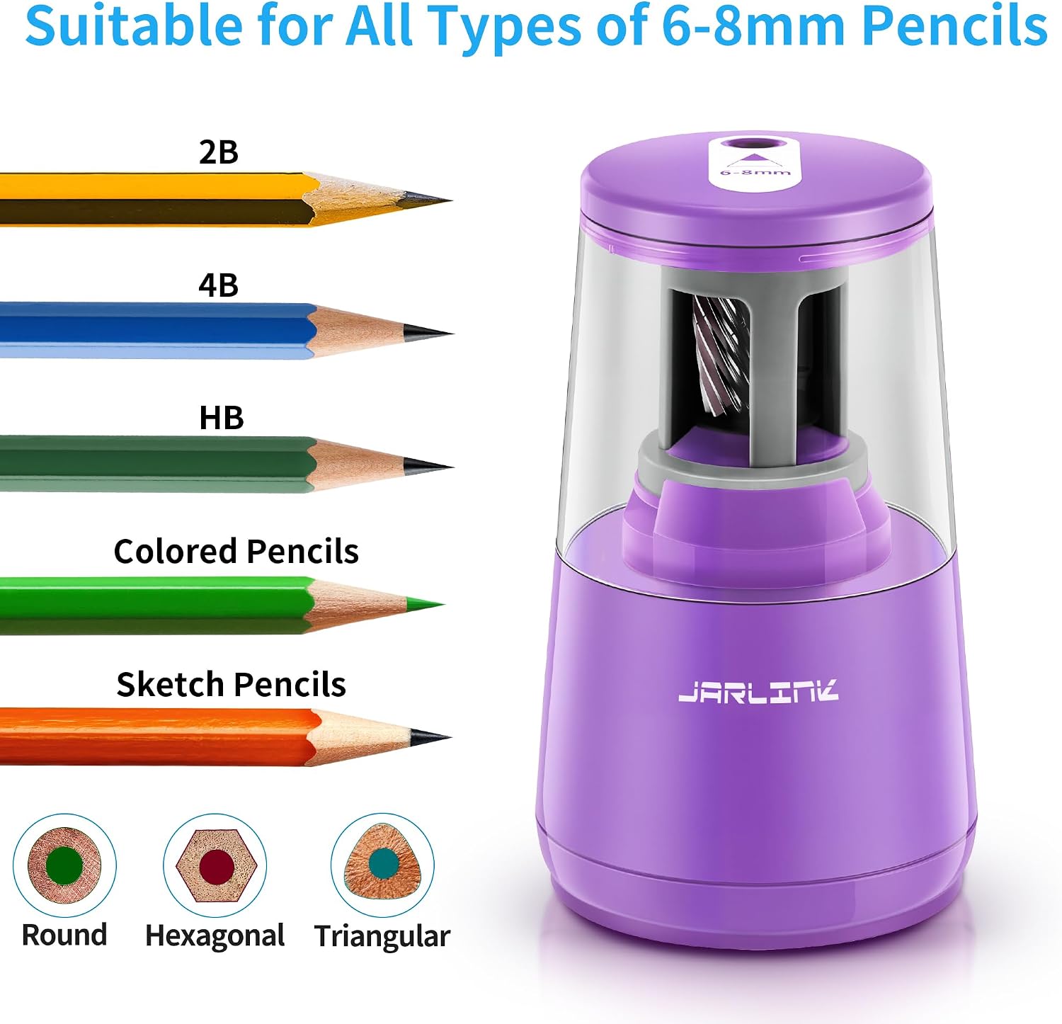 Detalle 2 de JARLINK Electric Pencil Sharpener, Heavy-Duty Helical Blade, Auto-Stop, Purple
